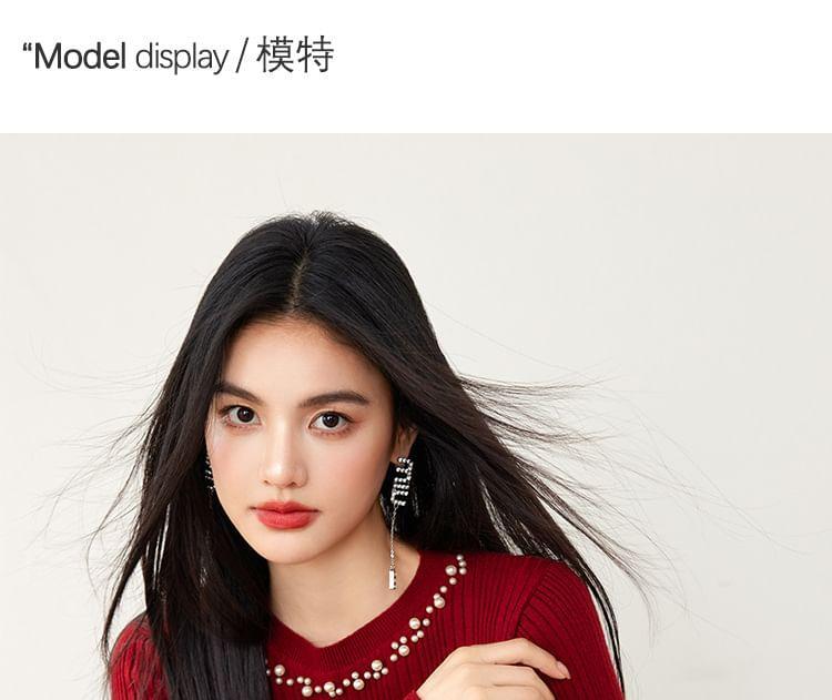 Long-Sleeve Boatneck Beaded Plain Knit Top Product Image