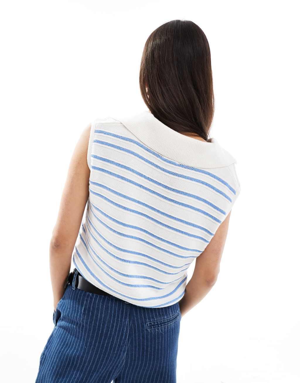 ASOS DESIGN knit tank top with collar detail and tipping in blue Product Image
