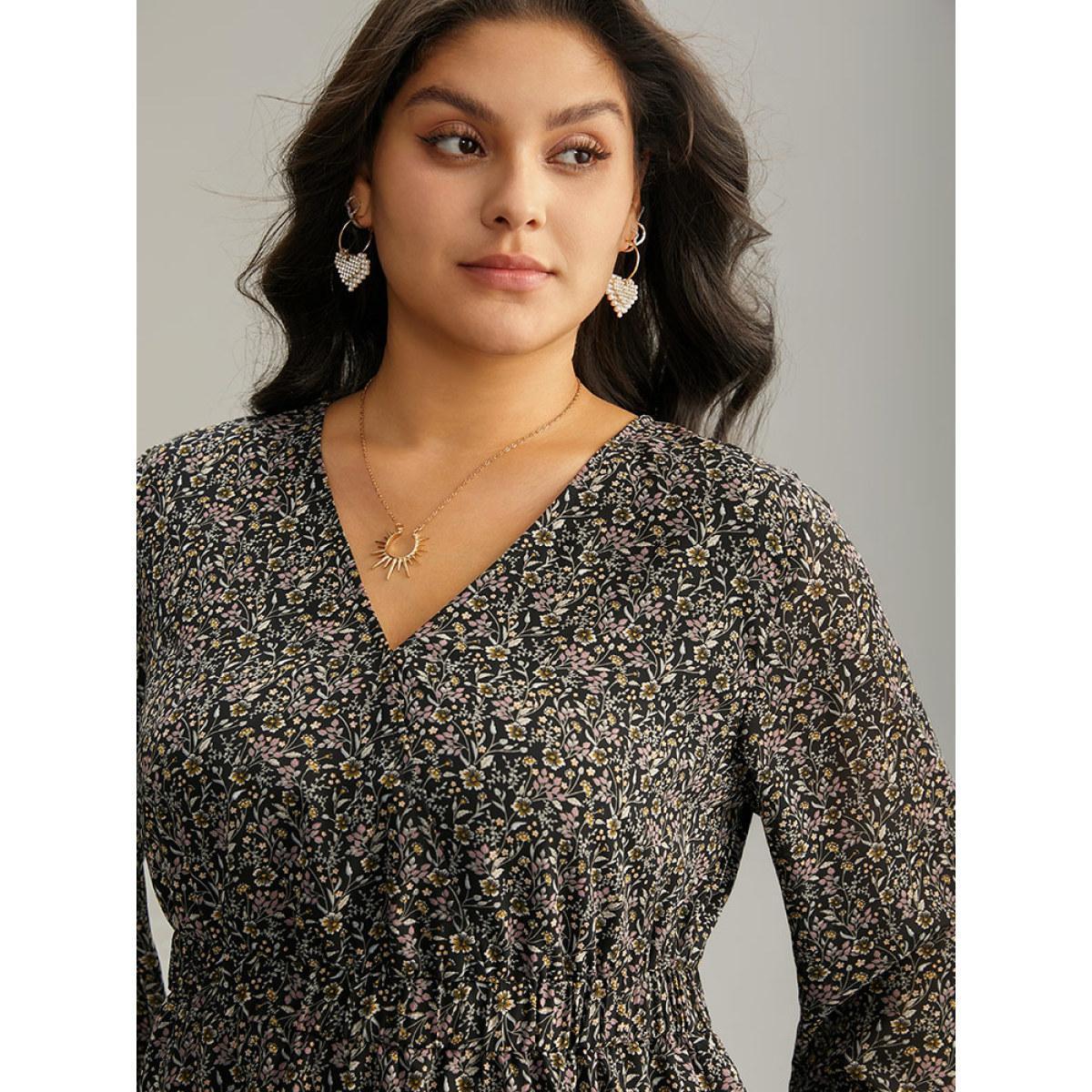 Plus Size Black Ditsy Floral Shirred Lantern Sleeve Blouse Women Elegant Long Sleeve V-neck Everyday Blouses BloomChic 10/M Product Image