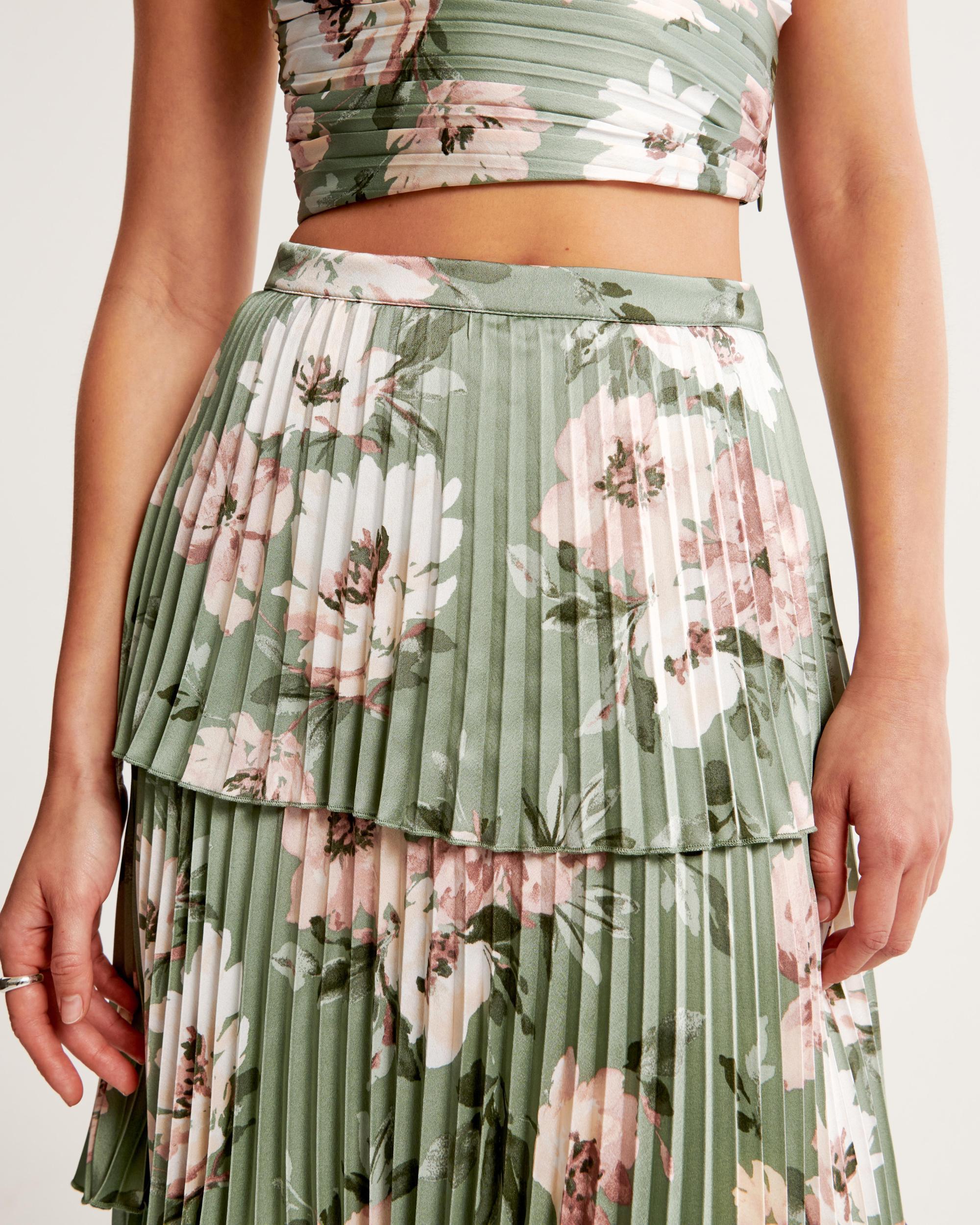 Satin Pleated Tiered Maxi Skirt Product Image