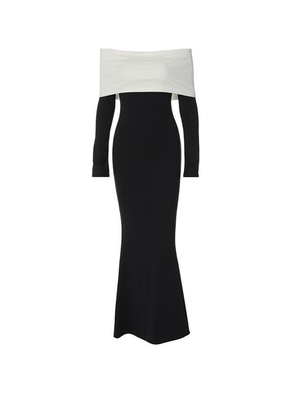 Contrast Color Trim Off Shoulder Long Sleeve Maxi Dress Product Image