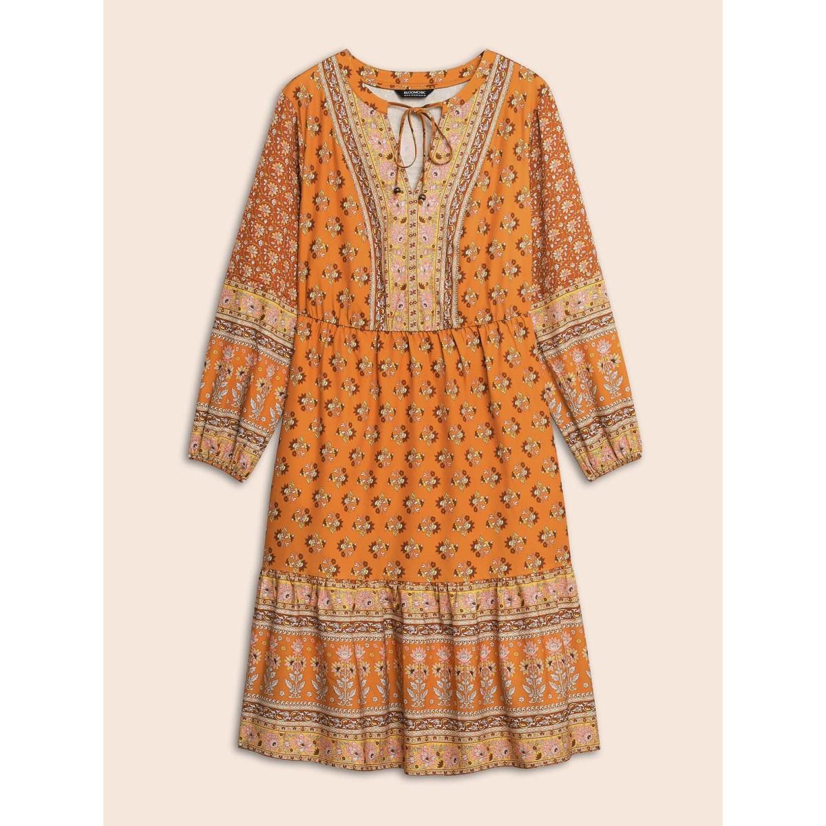 Plus Size Boho Print Tie Knot Midi Dress Turmeric Women Resort Tie knot V-neck Long Sleeve Curvy BloomChic 30/6X Product Image