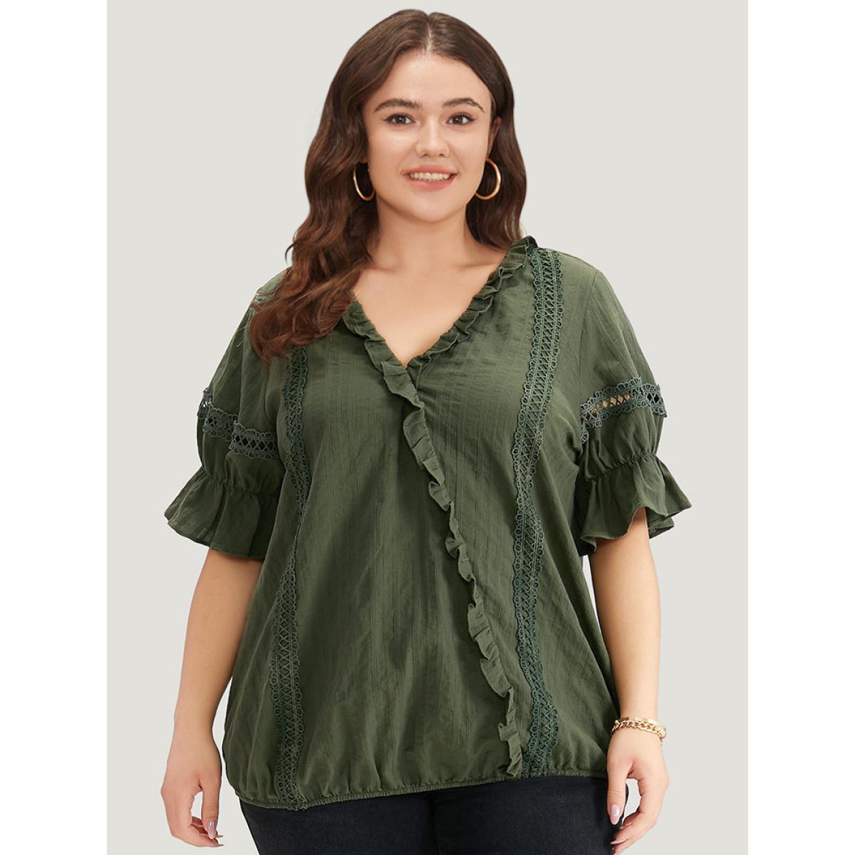 Plus Size ArmyGreen Solid Ruffle Trim Guipure Lace Elastic Hem Blouse Women Vacation Short sleeve V-neck Dailywear Blouses BloomChic 18-20/2X Product Image