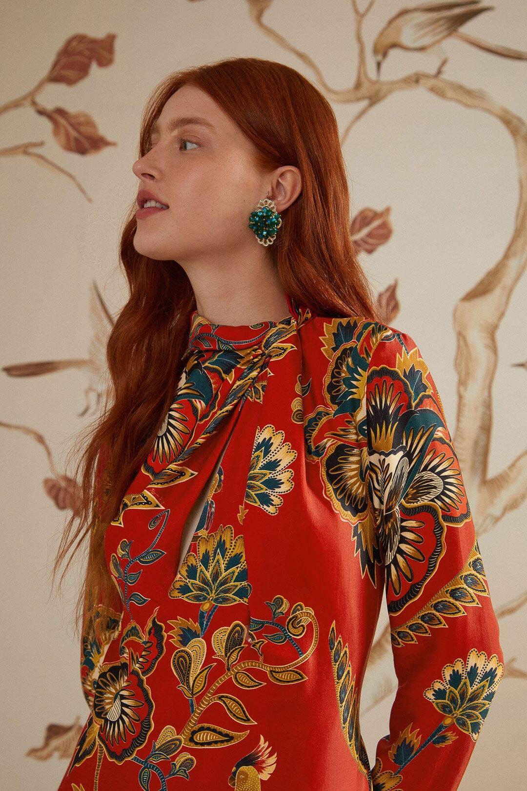 Red Maxi Floral Cutout LENZING ECOVERO Viscose Midi Dress, MAXI FLORAL RED / S Product Image
