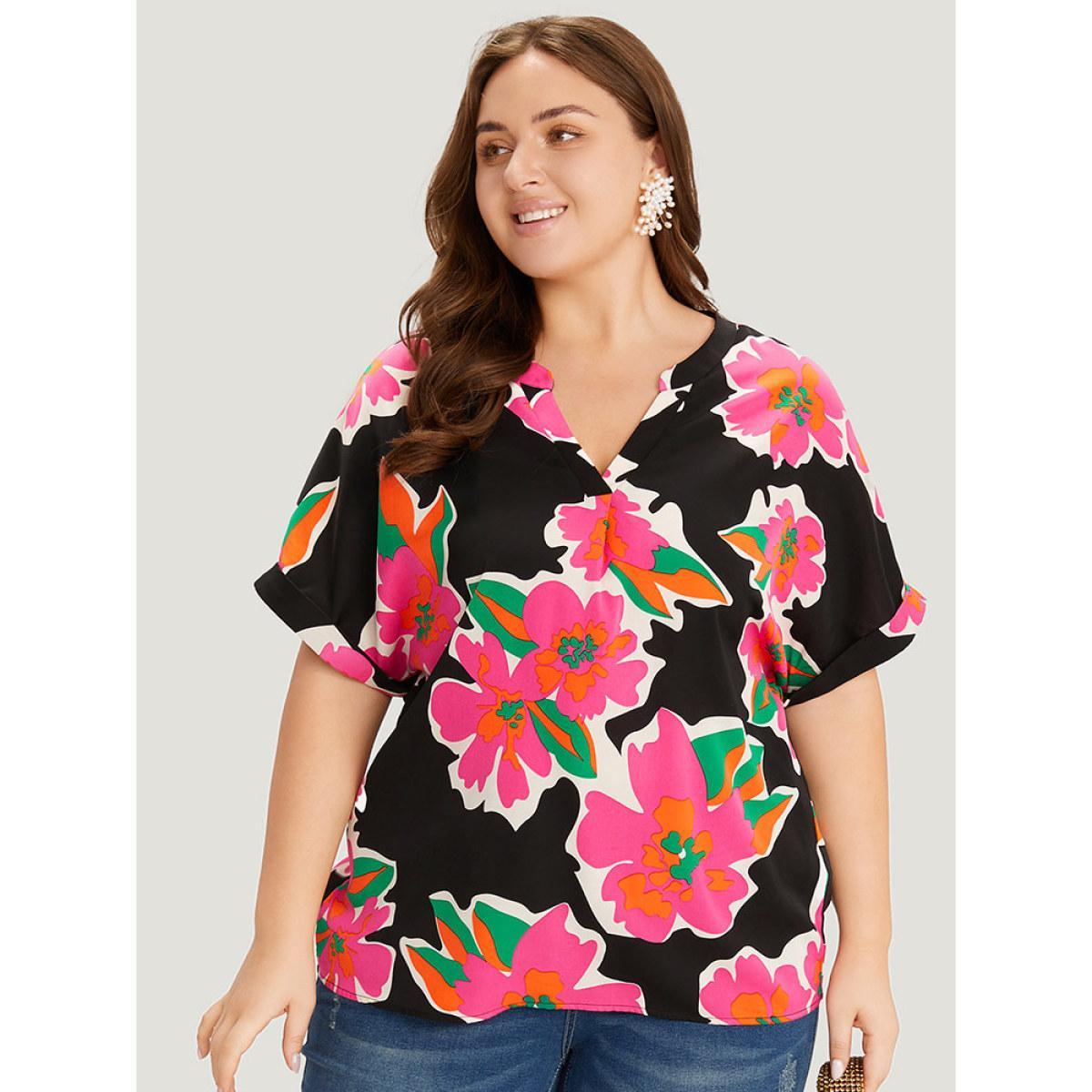 Plus Size Multicolor Floral Print Notched Roll Dolman Sleeve Blouse Women Glamour Short sleeve Notched collar Going out Blouses BloomChic 30/6X Product Image