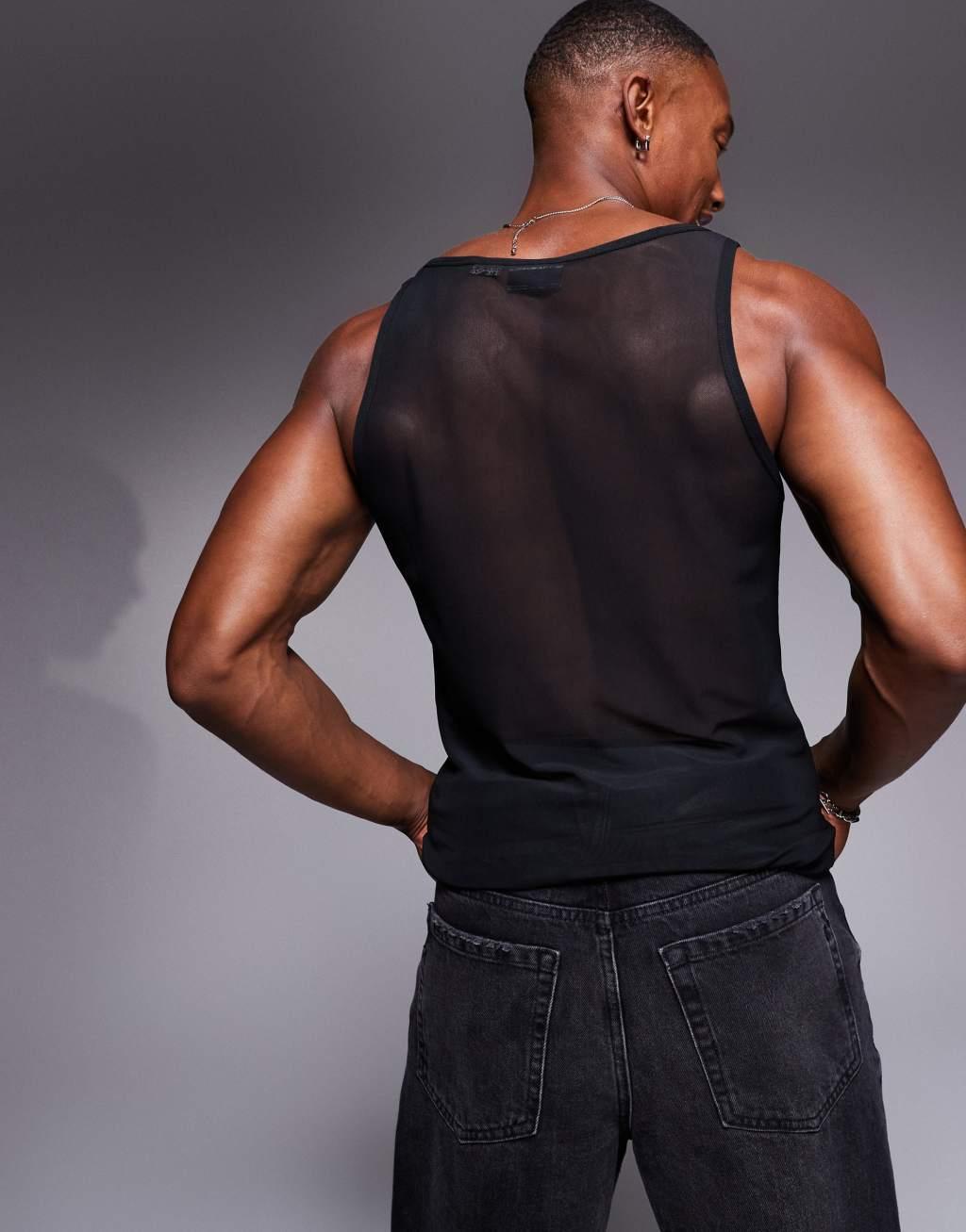 ASOS DESIGN square neck muscle fit tank top in black mesh Product Image