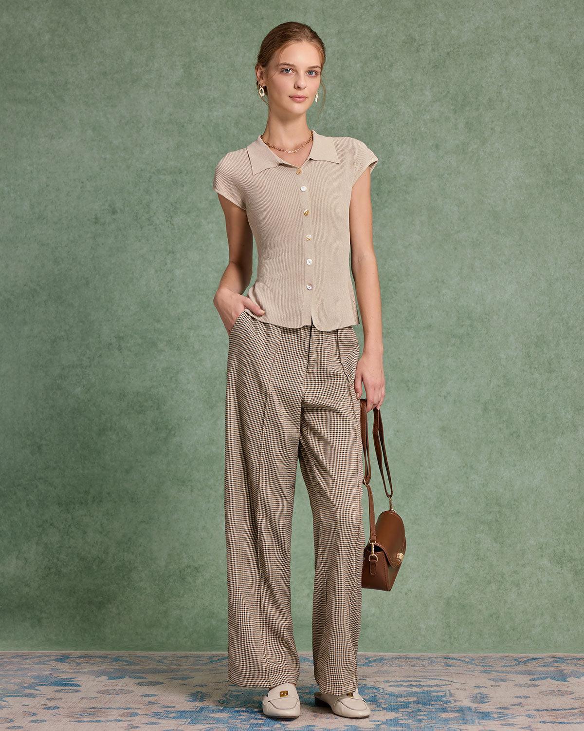 Beige Cap Sleeve Button Knit Tee Product Image