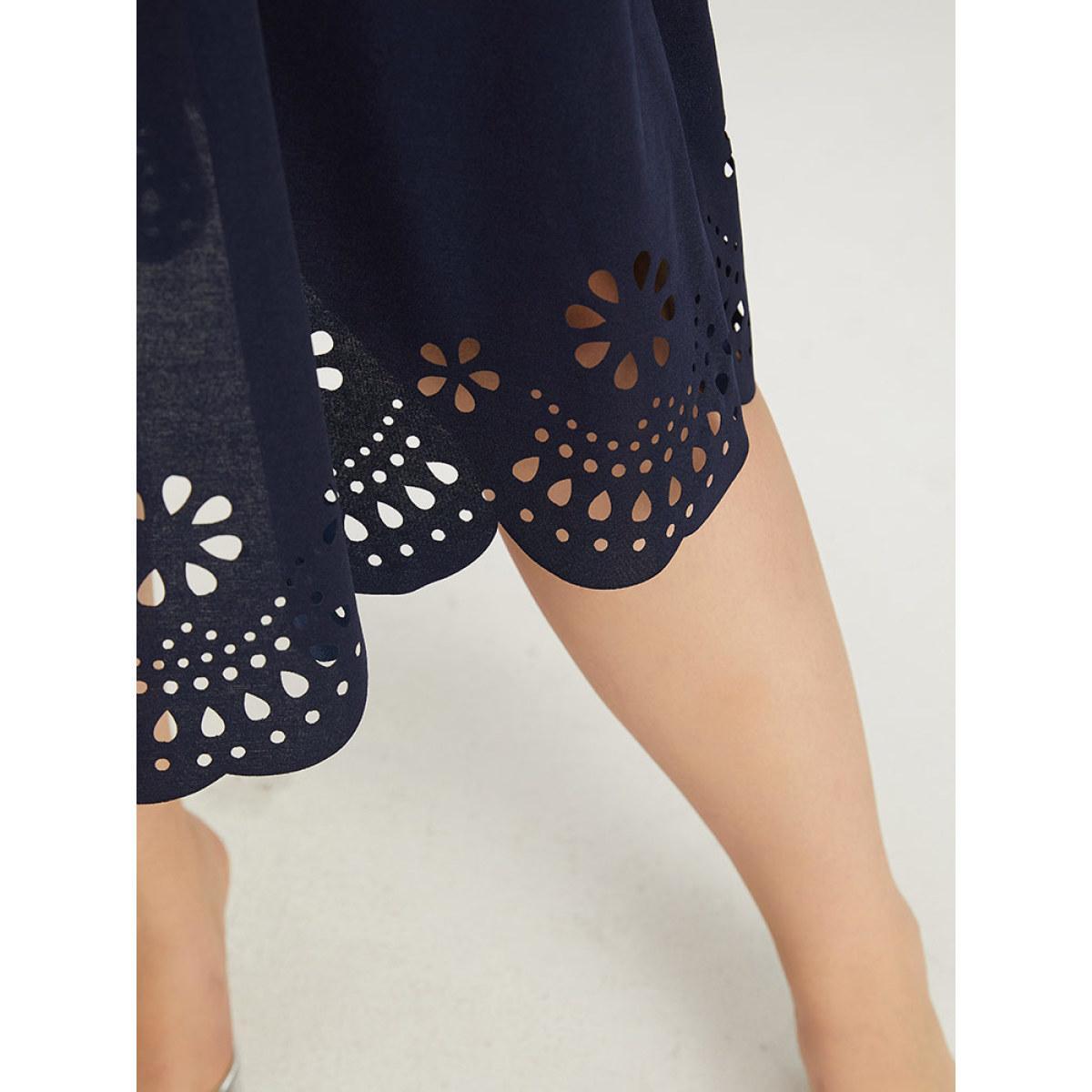Plus Size Plain Keyhole Pocket Laser Cut Dress Navy Women Office Plain Notched collar Elbow-length sleeve Curvy Midi Dress BloomChic 28/5X Product Image