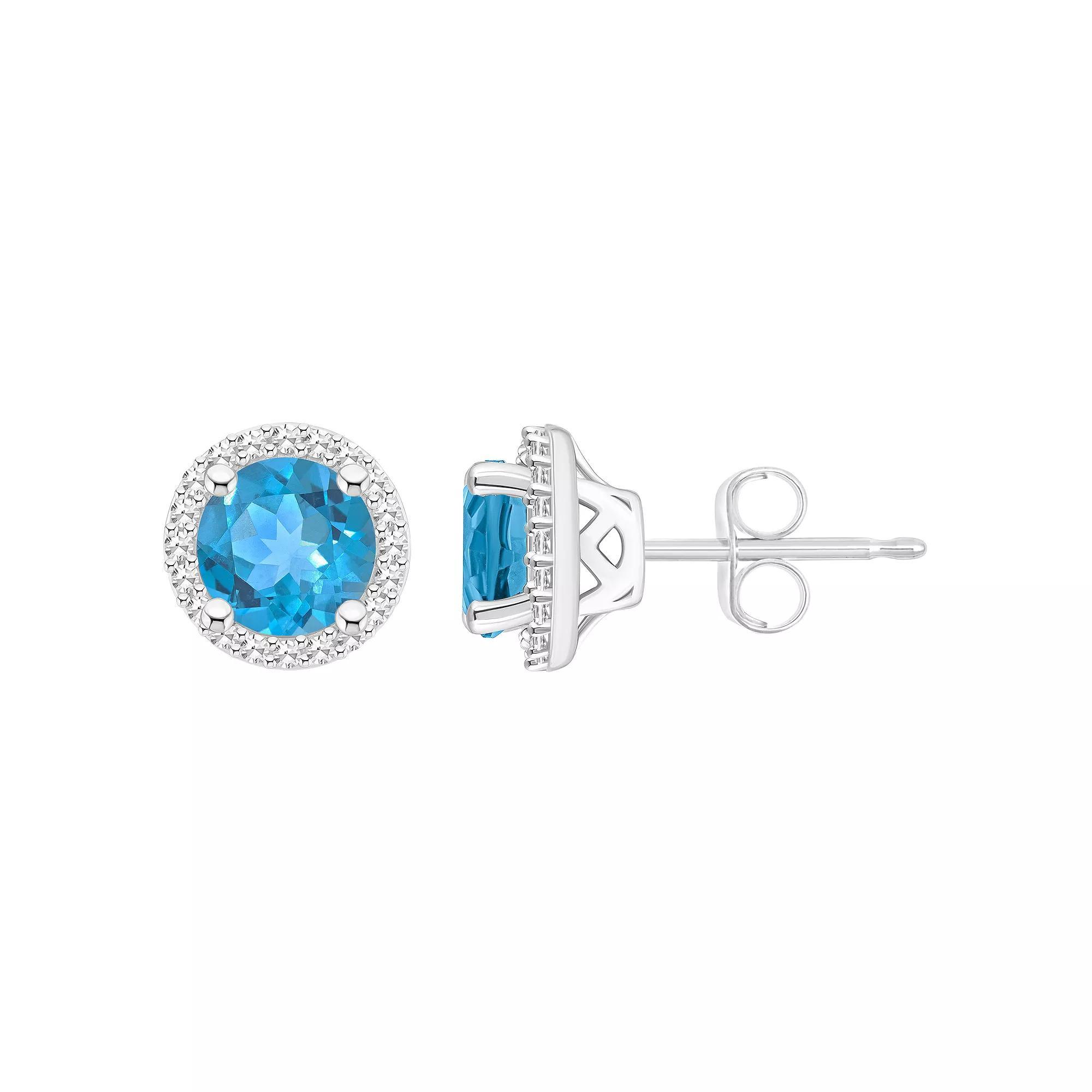 Celebration Gems Sterling Silver Gemstone & 1/5 Carat T.W. Diamond 6mm Halo Stud Earrings, Women's, Blue Topaz Product Image