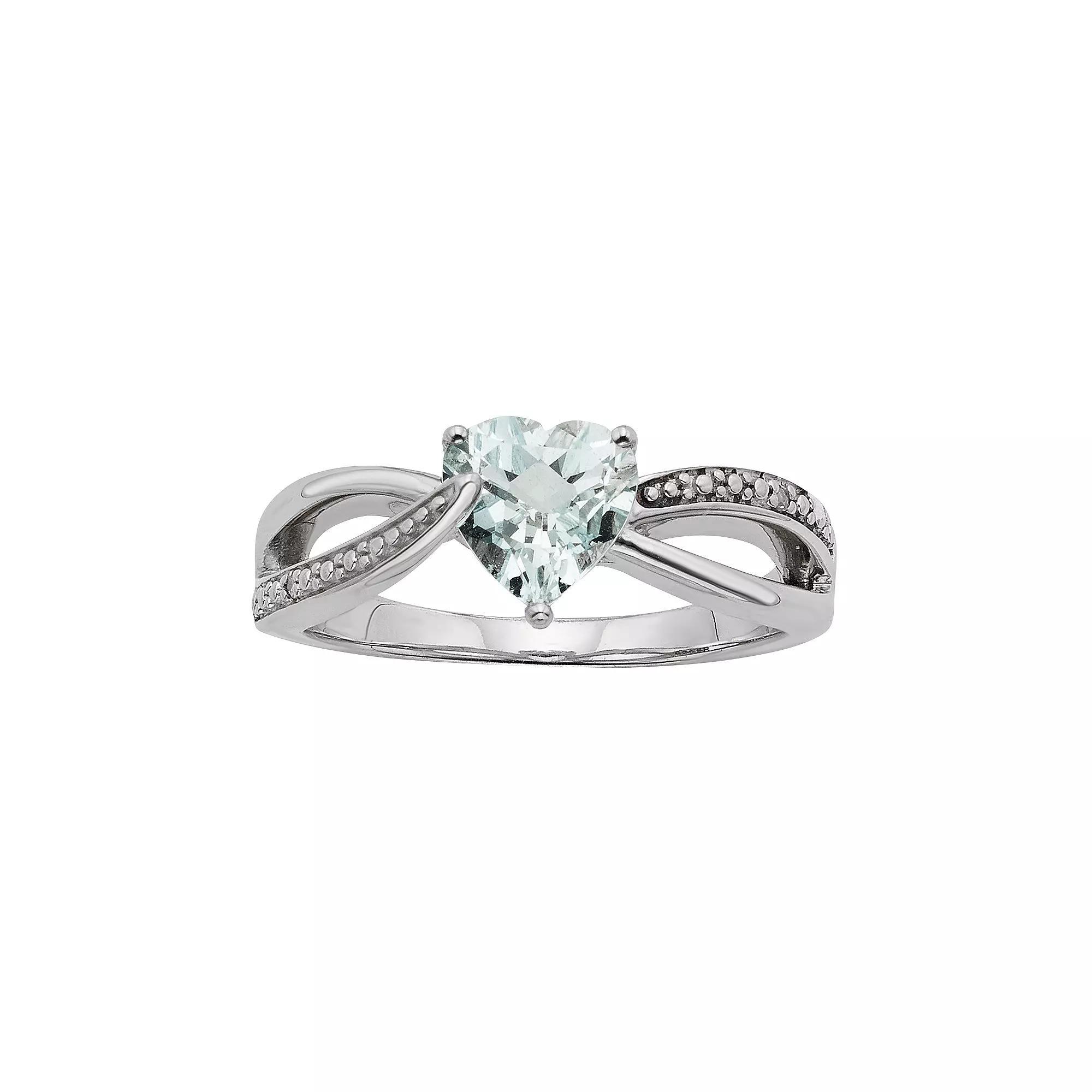 Lab-Created Aquamarine and Diamond Accent Sterling Silver Heart Bypass Ring, Womens Blue Product Image