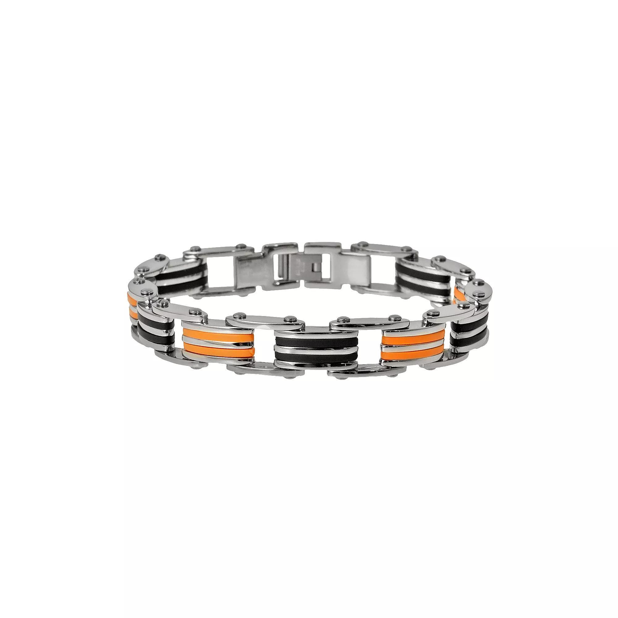 Stainless Steel, and Black and Orange Rubber Bracelet - Men, Men's, Size: 8.5", Multicolor Product Image