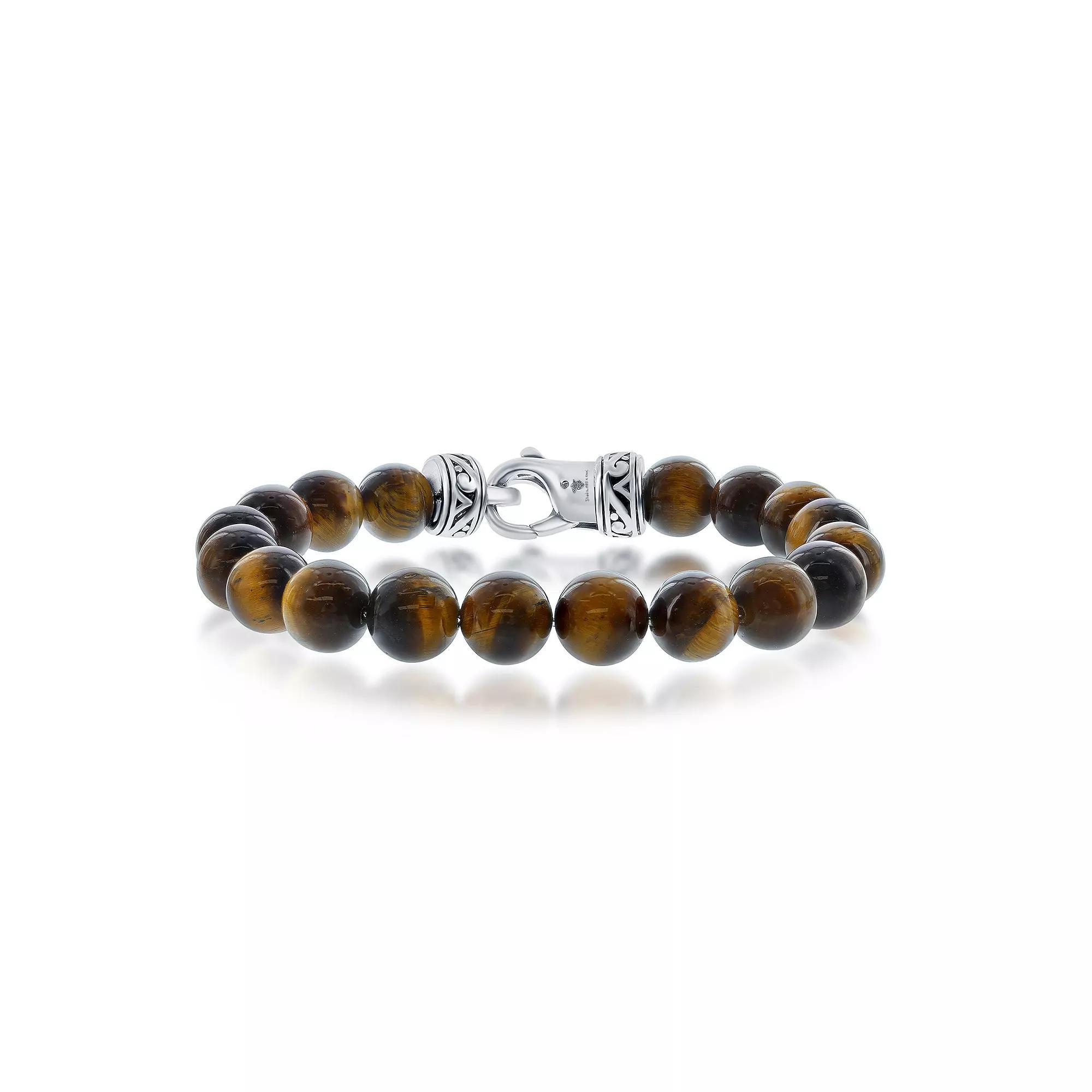 Men's Metallo Stainless Steel Genuine Stone 10mm Bead Bracelet, Size: 8.5", Tiger Eye Product Image