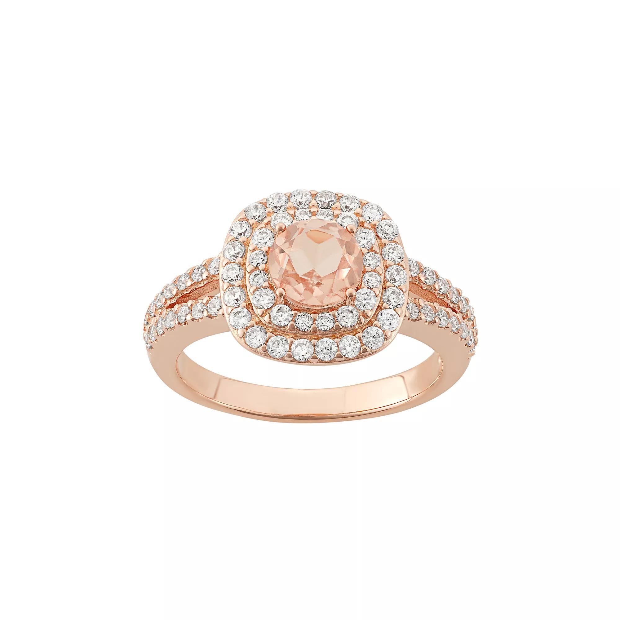 Peach Quartz Doublet & Cubic Zirconia 18k Rose Gold Over Silver Halo Ring, Women's, Size: 7, Pink Product Image