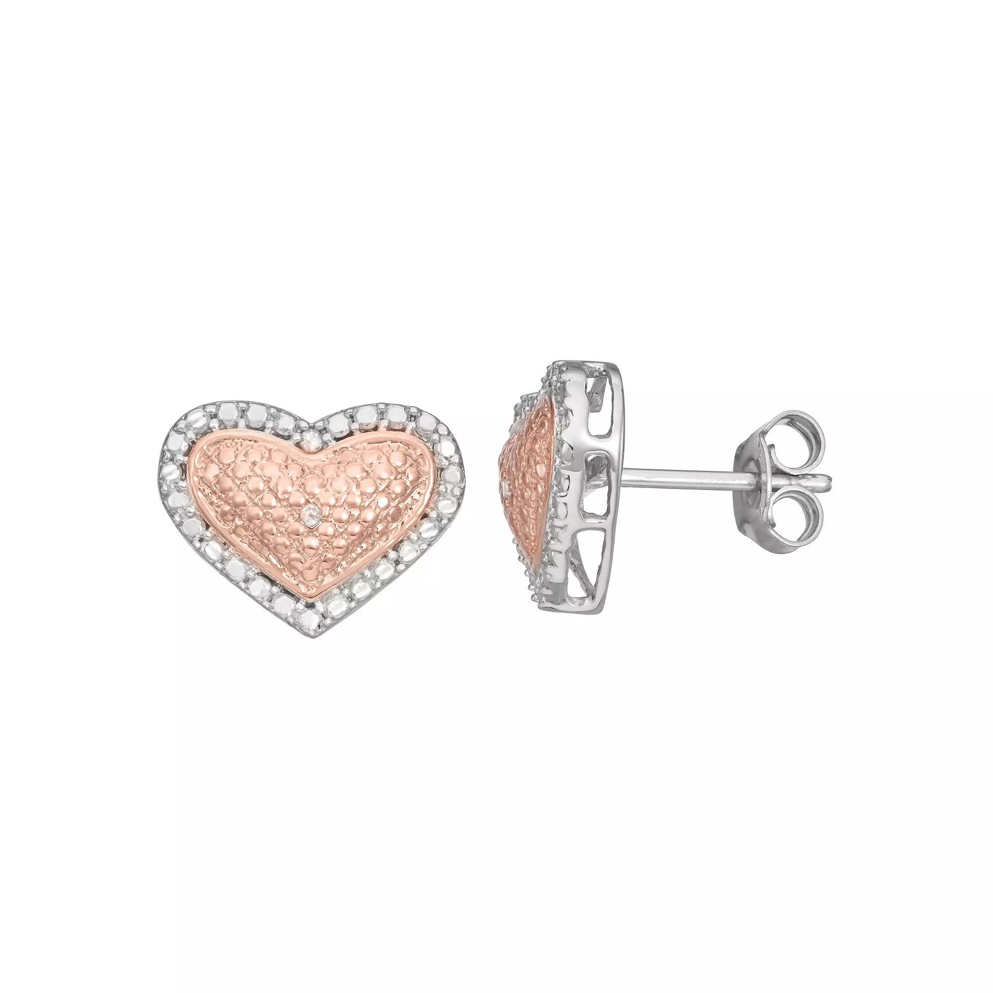 HDI Two Tone Sterling Silver 1/10 Carat T.W. Heart Stud Earrings, Women's Product Image