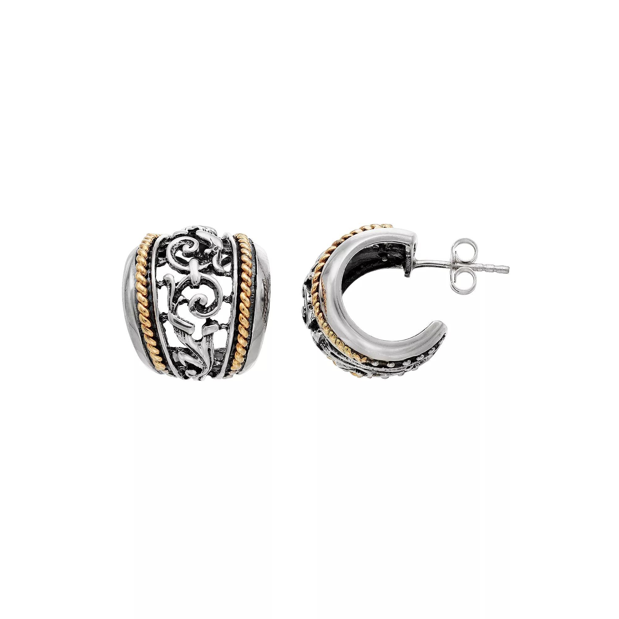 Two Tone Sterling Silver Textured Hoop Earrings, Womens Product Image