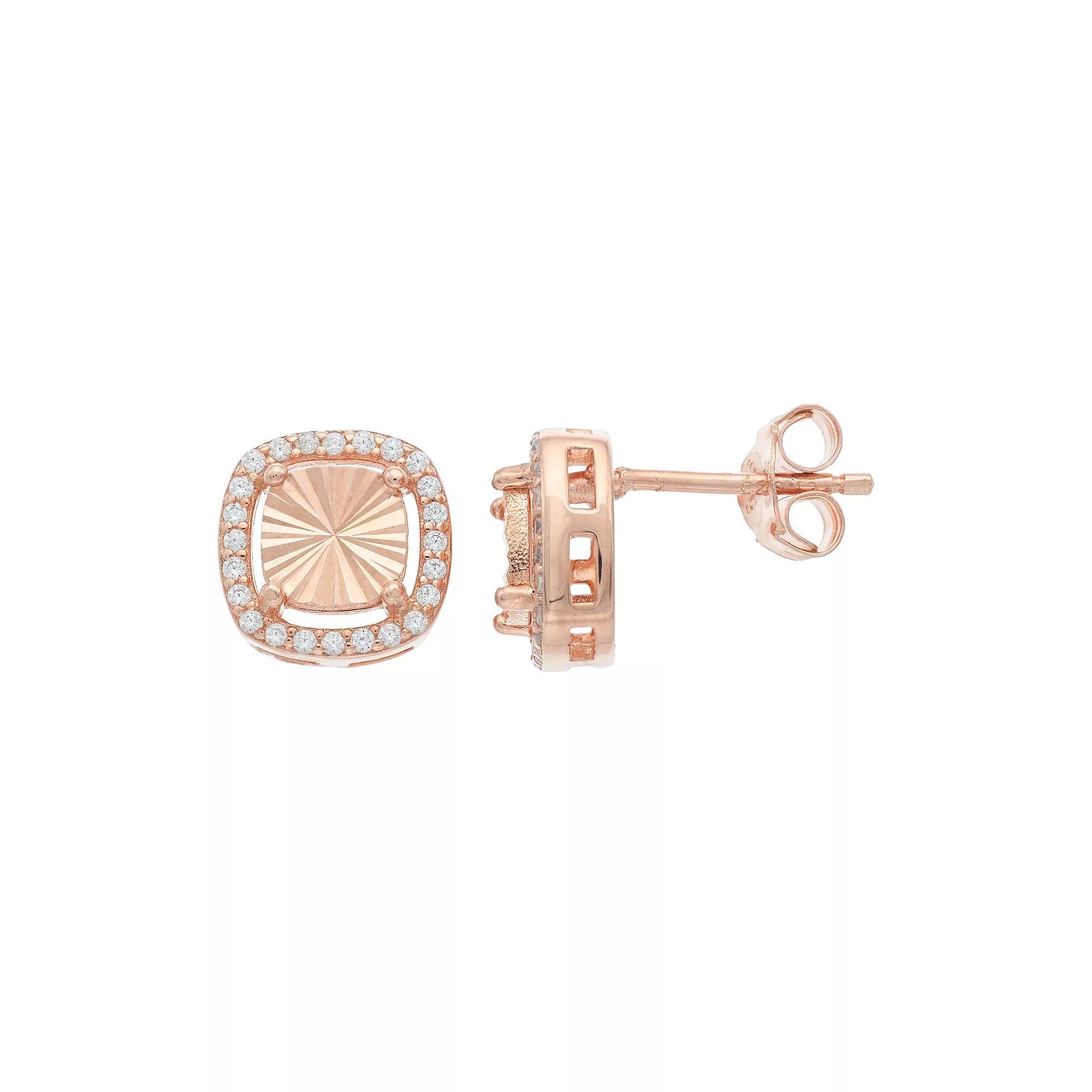 Sterling Silver Cubic Zirconia Cushion Stud Earrings, Women's, 14k Rose Gold Over Product Image