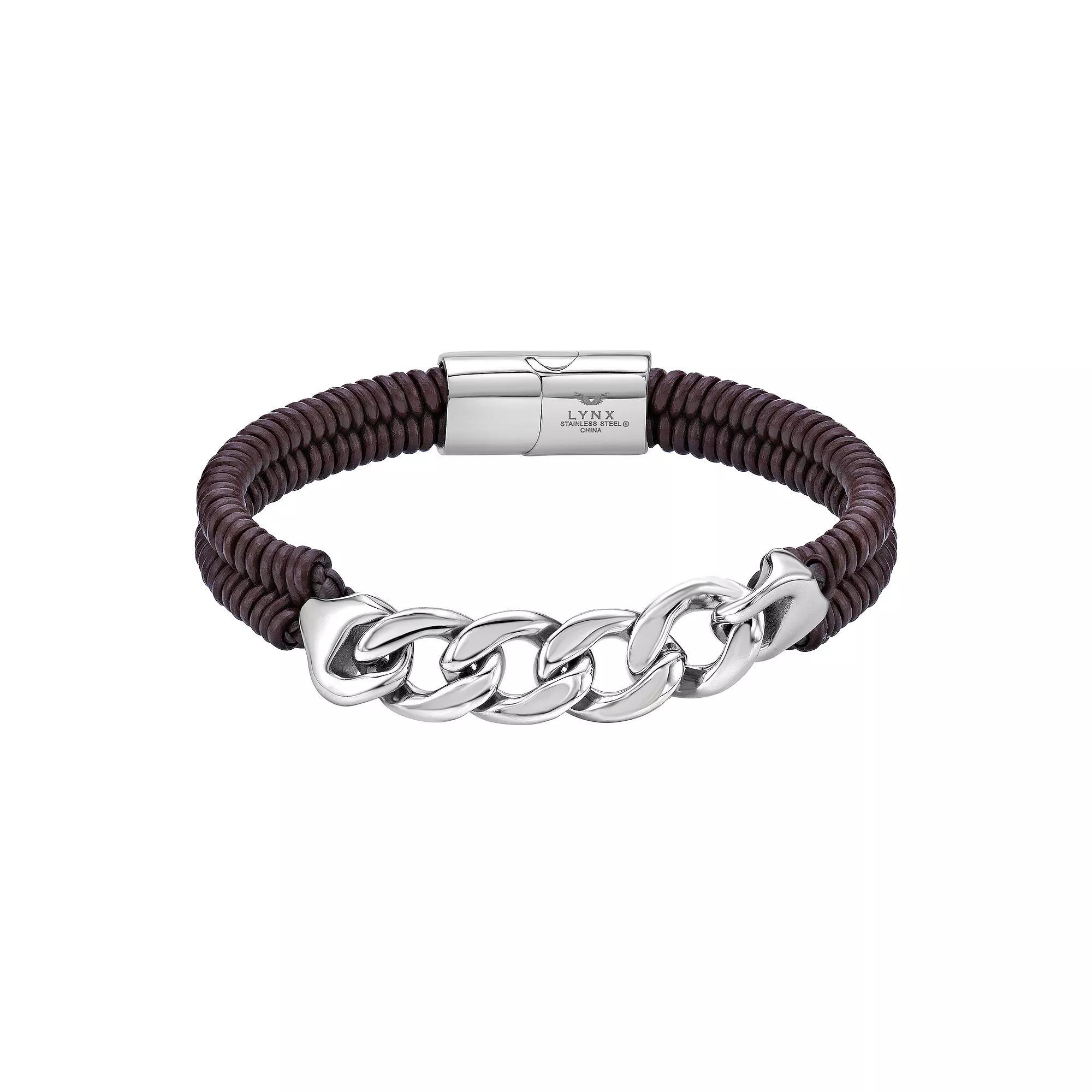 LYNX Mens Stainless Steel Curb Chain & Brown Leather Bracelet Product Image