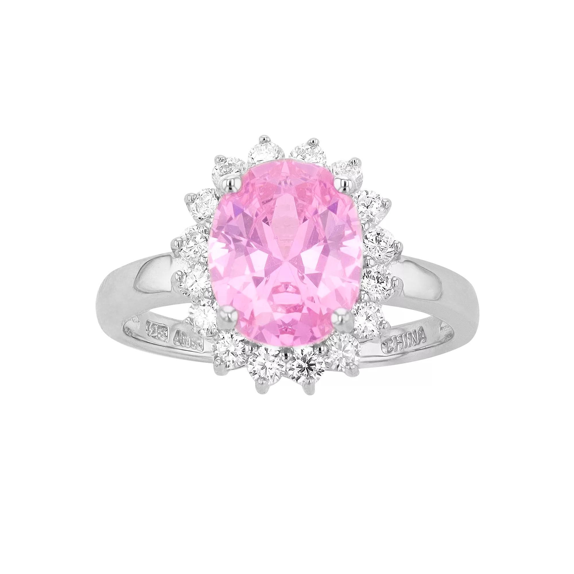 Rosabella Sterling Silver Pink Cubic Zirconia Halo Ring, Women's, Size: 7 Product Image