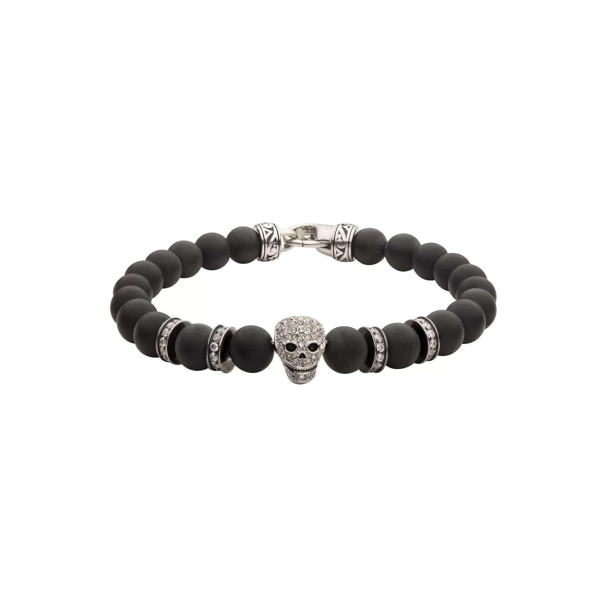 Men's Stainless Steel Cubic Zirconia & Onyx Beaded Skull Bracelet, Size: 8.5", Black Onyx Product Image