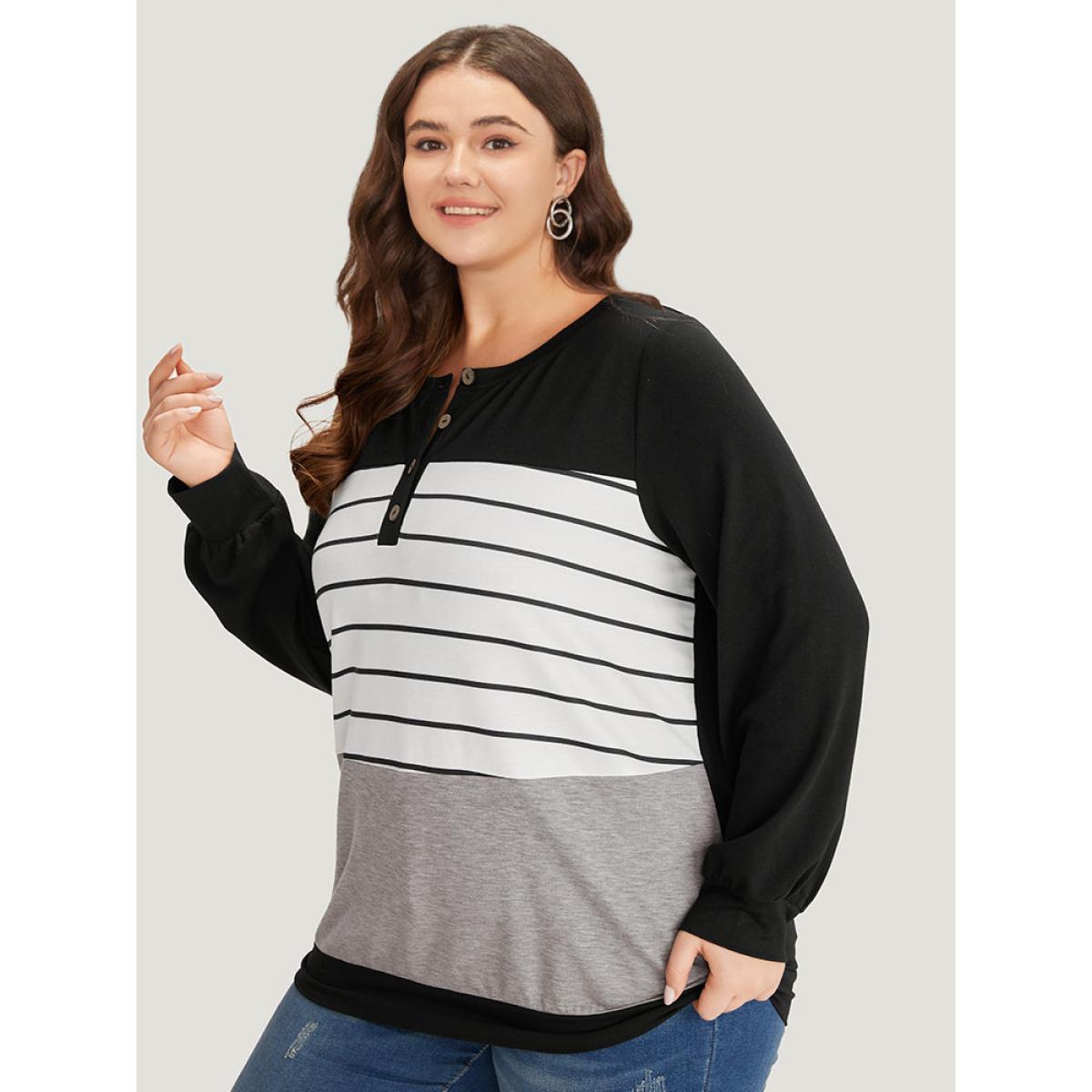 Plus Size Striped Contrast Button Up Elastic cuffs Sweatshirt Women Multicolor Casual Elastic cuffs Open Front Dailywear Sweatshirts BloomChic 12/L Product Image