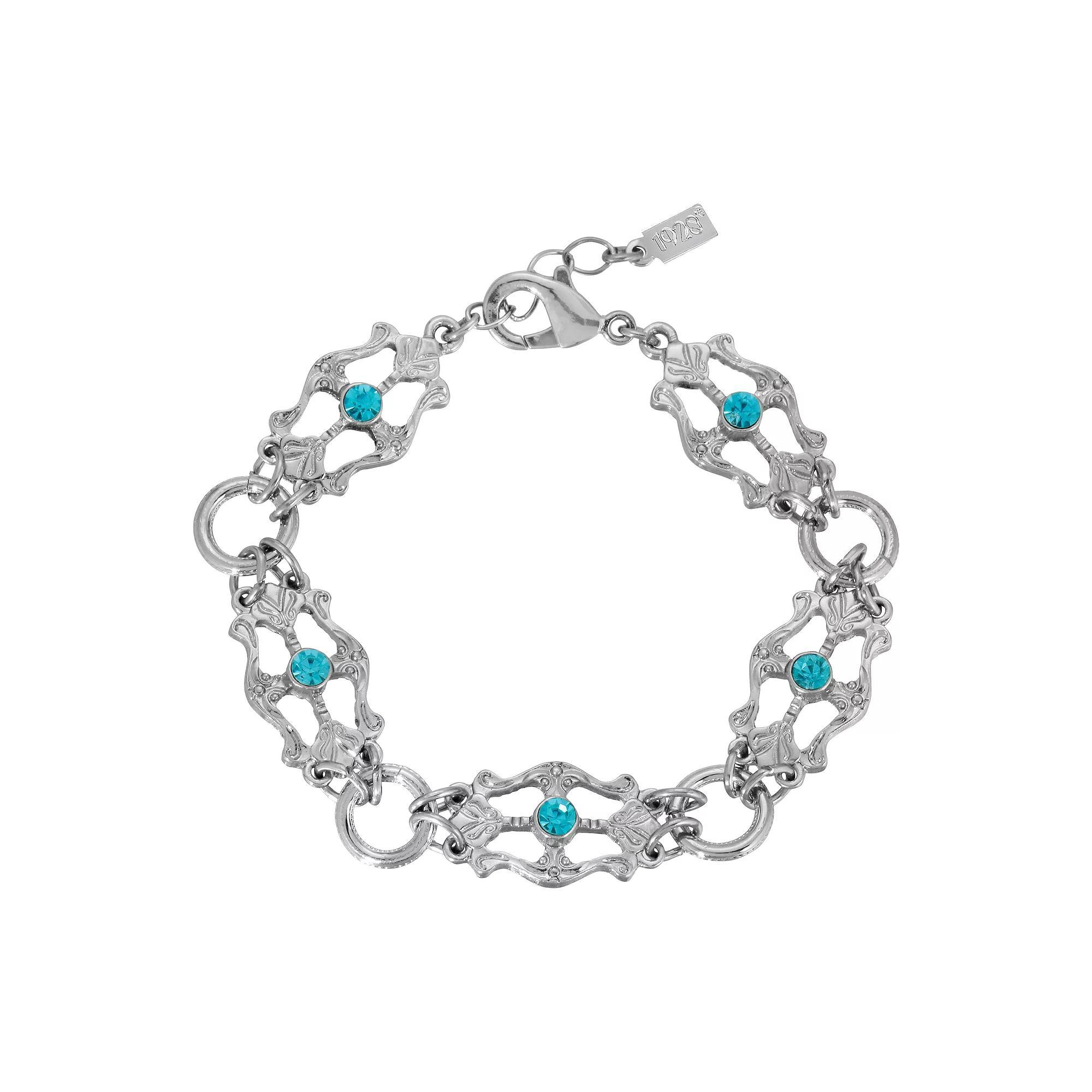 1928 Silver Tone Light Blue Crystal Round Link Bracelet, Womens, Green Product Image