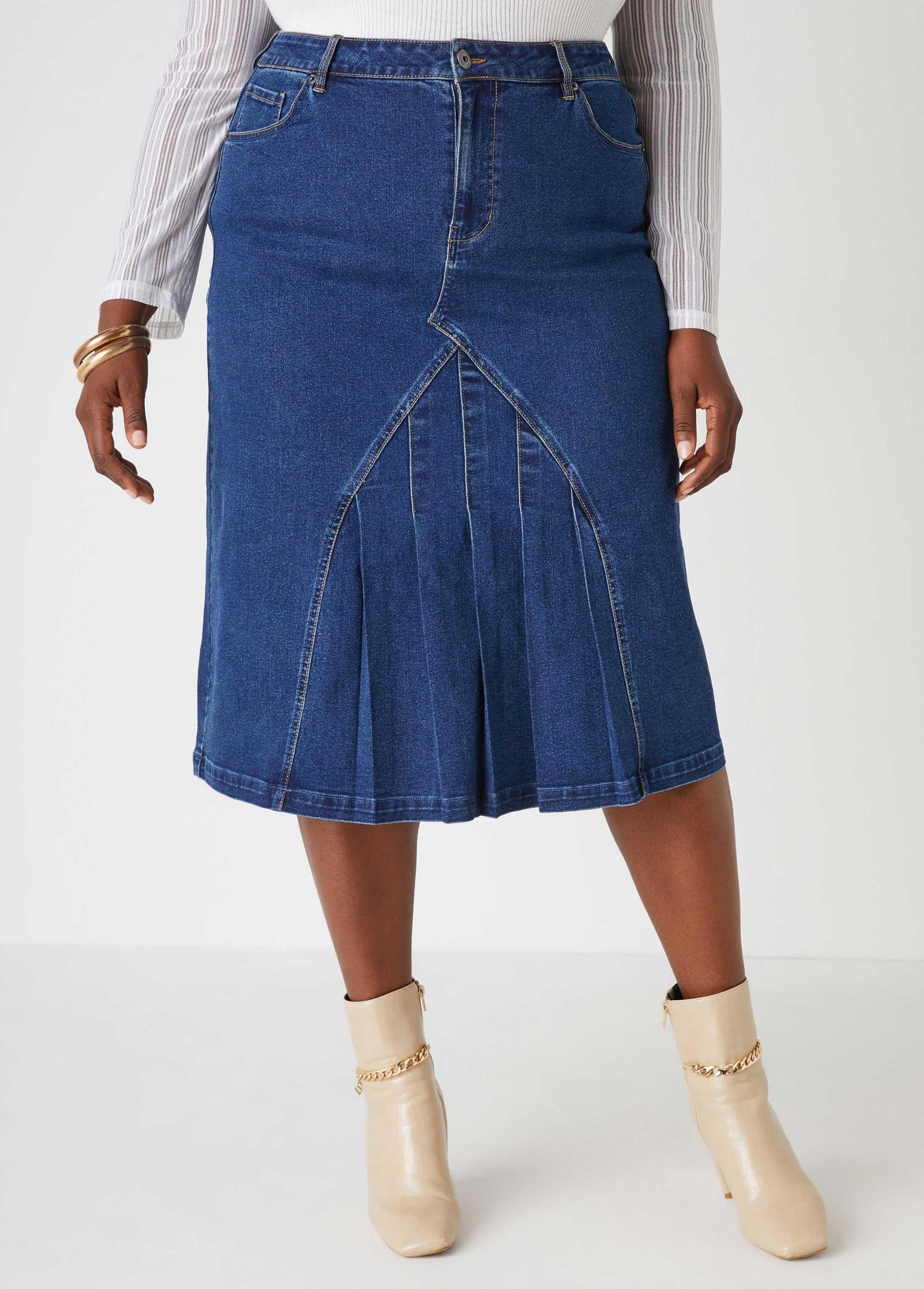 Plus Size Pleated Denim Midi Skirt Ashley Stewart Product Image