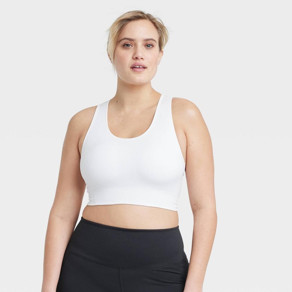 Womens Seamless Medium Support Racerback Midline Sports Bra - All In Motion White S: Removable Padding, Knit Product Image