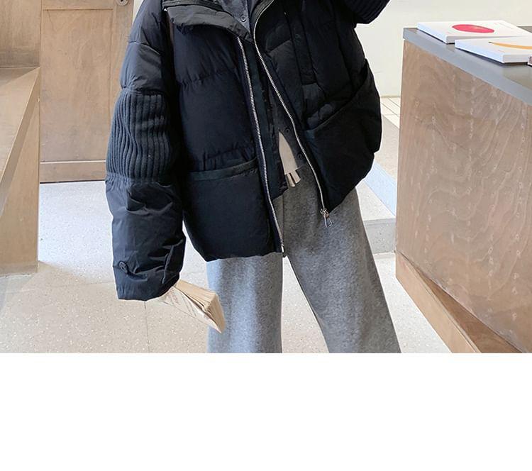 Ribbed Panel Plain Zip-Up Down Jacket Product Image