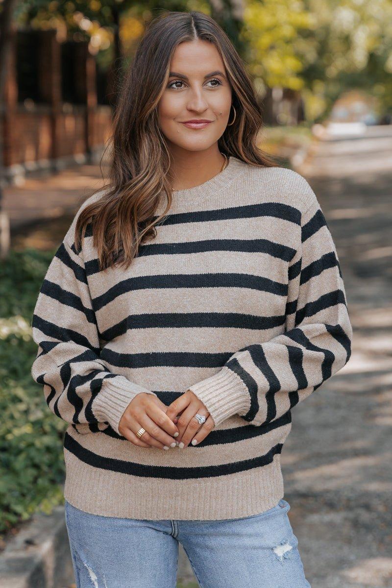 Black and Mocha Striped Pullover Sweater - FINAL SALE Product Image