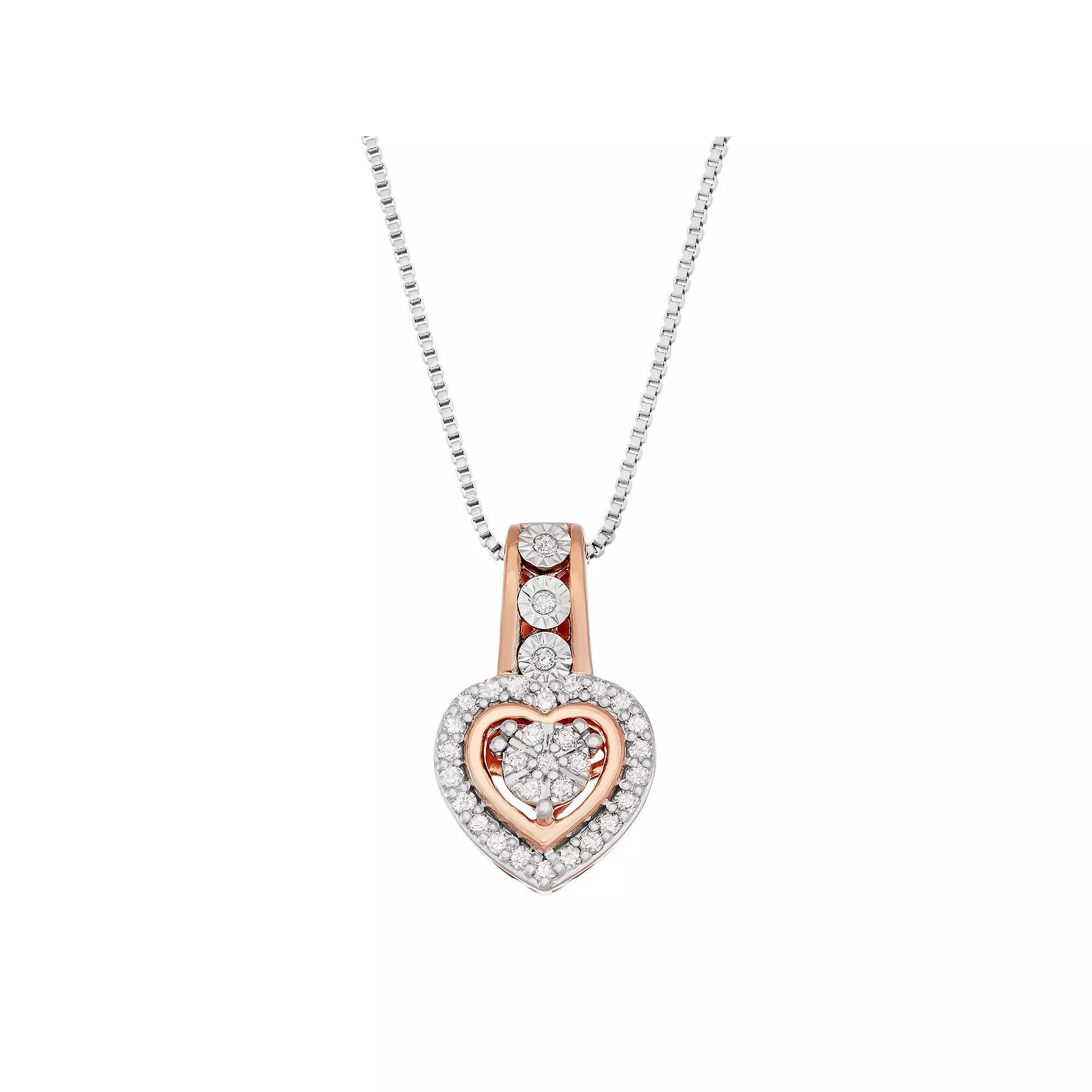 Two Tone Sterling Silver 1/6 Carat T.W. Diamond Heart Pendant, Women's, Pink Tone Product Image