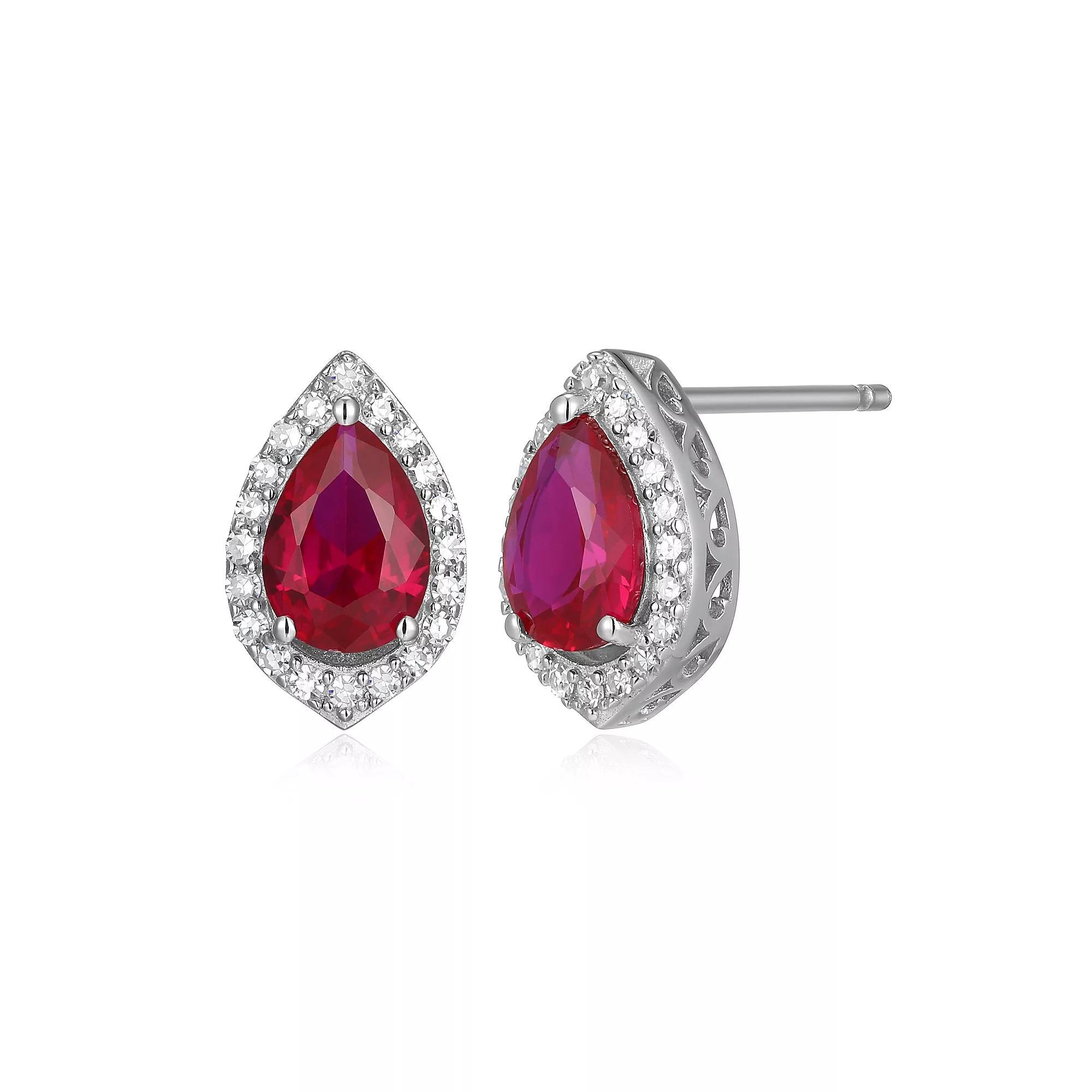Sterling Silver Lab-Created Ruby & 1/5 Carat T.W. Lab-Grown Diamond Halo Stud Earrings, Women's Product Image