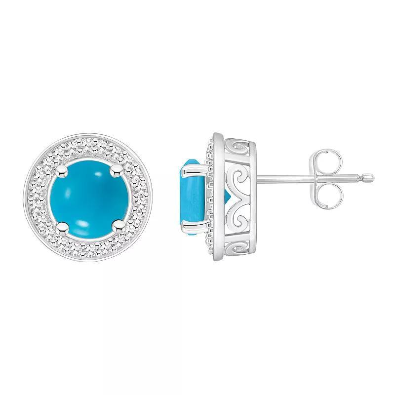 Celebration Gems Sterling Silver Round Gemstone & 1/5 Carat T.W. Diamond Halo Stud Earrings, Womens, Turquoise Product Image