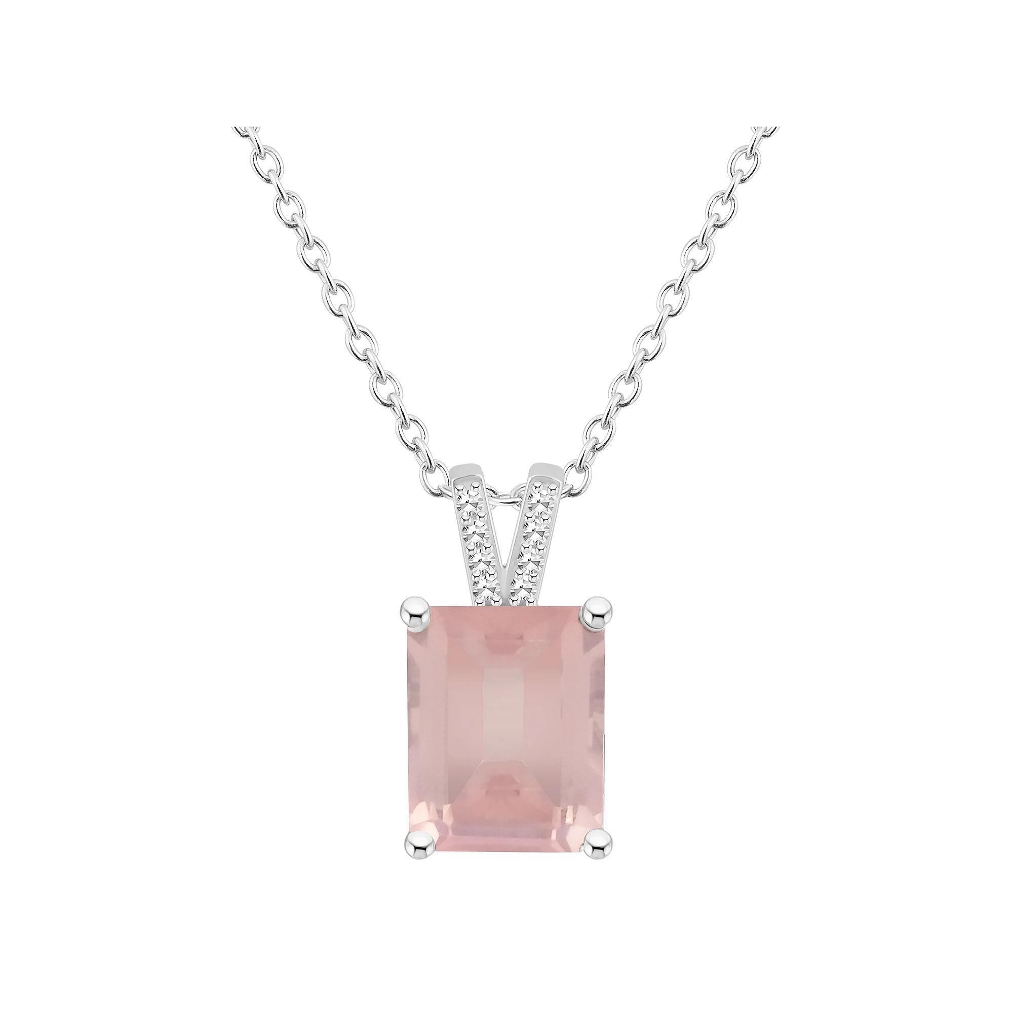 Alyson Layne Sterling Silver 10 mm x 8 mm Emerald Cut Gemstone & Diamond Accent Pendant Necklace, Women's, Size: 18", Pink Quartz Product Image