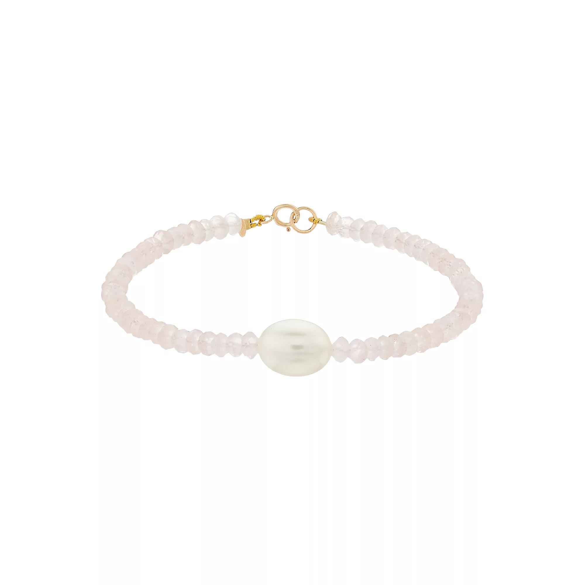 Jewelmak 14k Gold Rose Quartz Rondelle Freshwater Cultured Pearl Bracelet, Womens Product Image