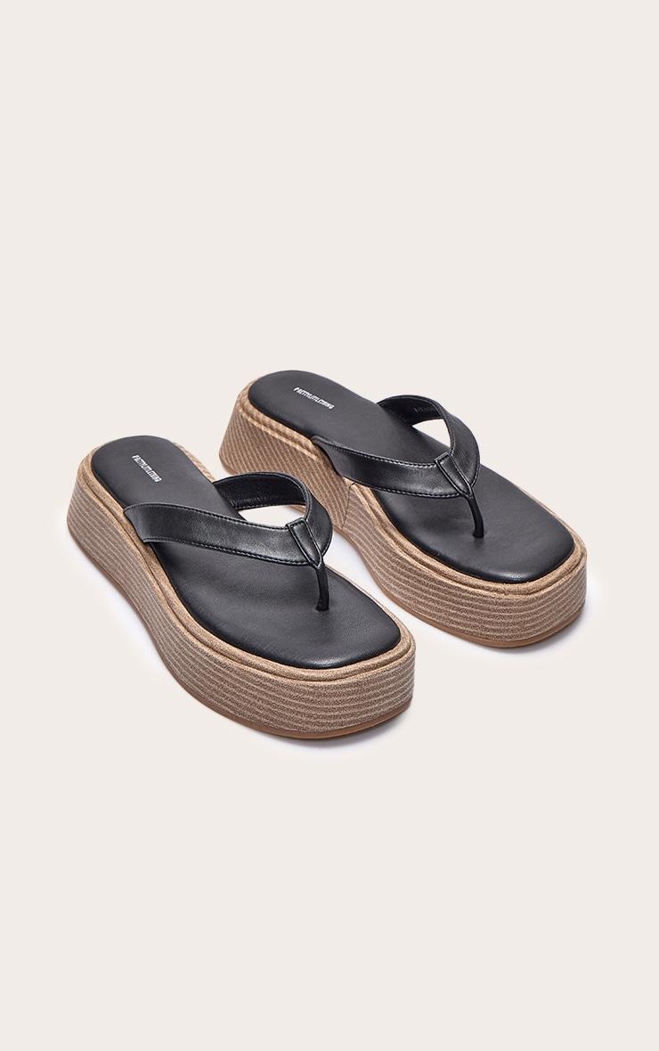 Black PU Toe Thong Round Toe Flatform Sandals Product Image