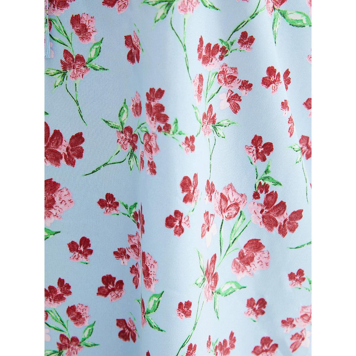 Plus Size LightBlue Ditsy Floral Keyhole Knot Neck Tiered Sleeve Blouse Women Elegant Short sleeve Round Neck Dailywear Blouses BloomChic 22-24/3X Product Image