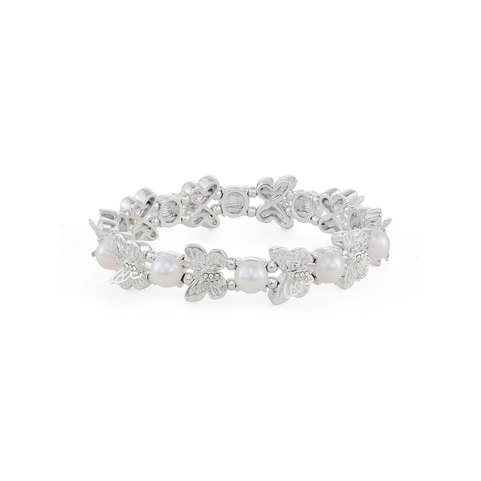 You're Invited Silver Tone Butterfly & Simulated Pearl Stretch Bracelet, Women's, White Product Image