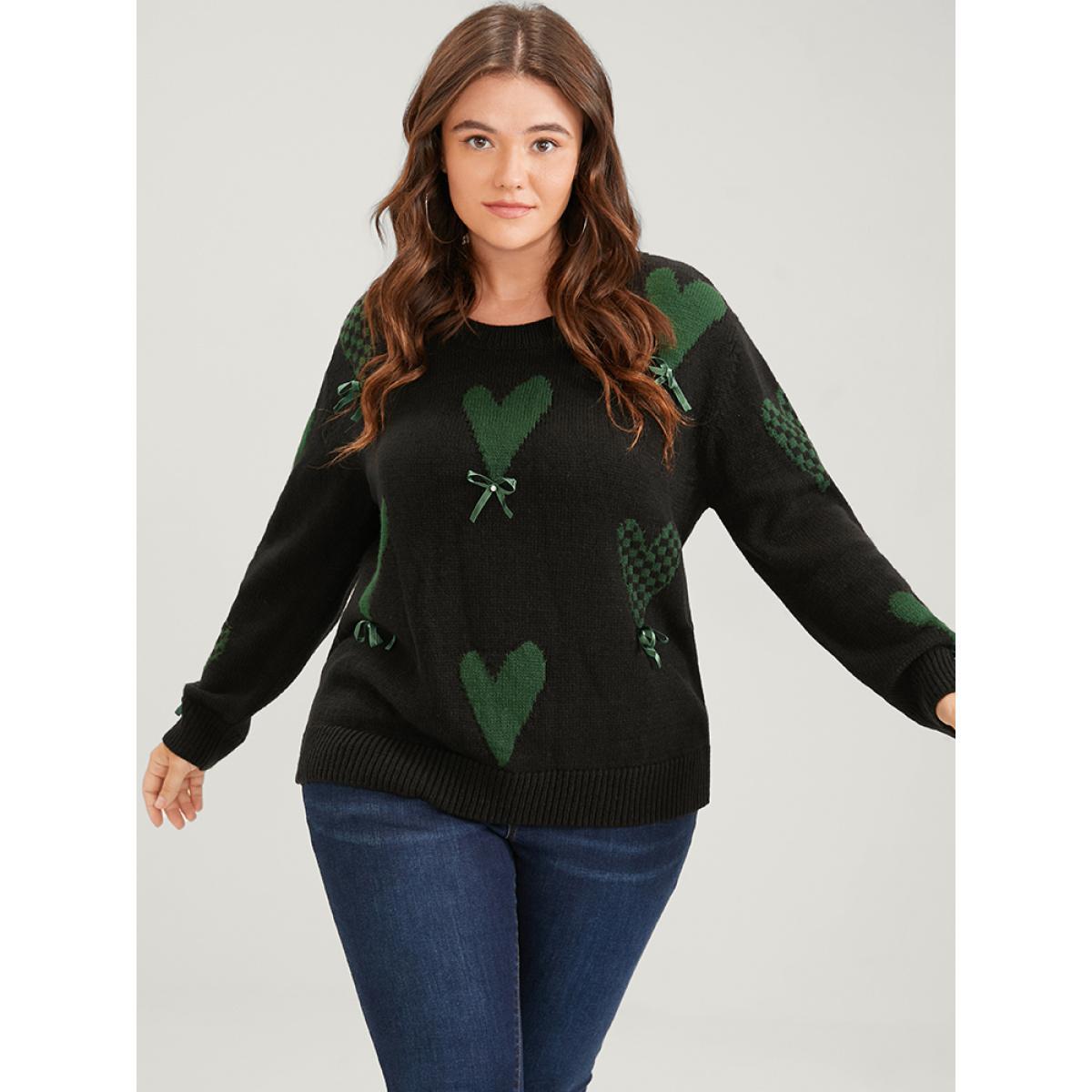 Plus Size Heart Print Contrast Pointelle Knit Bowknot Beaded Knit Top Black Women Elegant Long Sleeve Round Neck Dailywear Pullovers BloomChic 26/4X Product Image