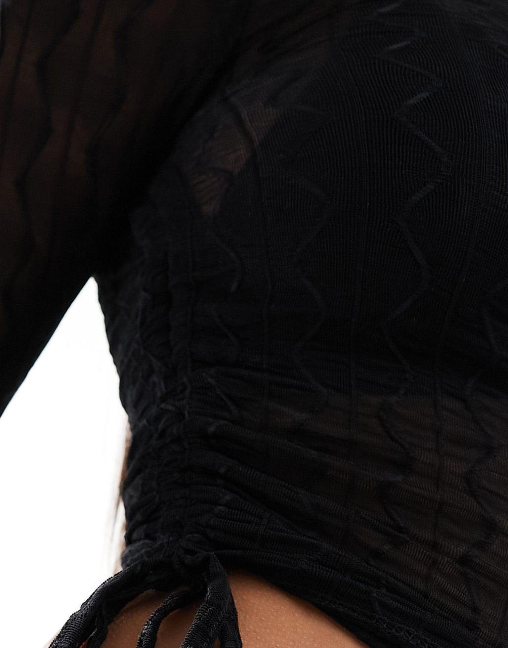 ASOS DESIGN sheer textured long sleeve ruched side top Product Image