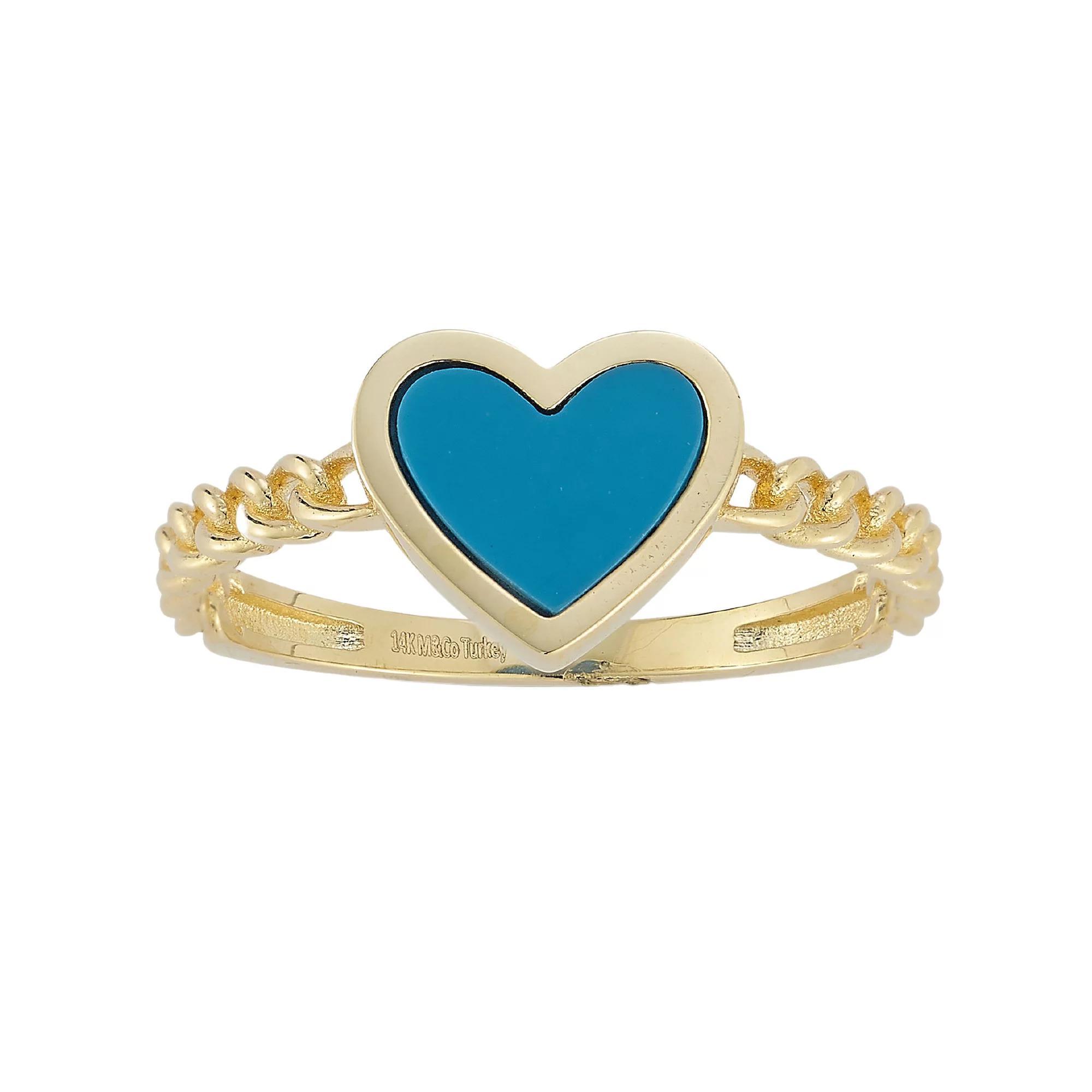 LUMINOR GOLD 14k Gold Turquoise Heart & Curb Chain Ring, Women's, Size: 7 Product Image