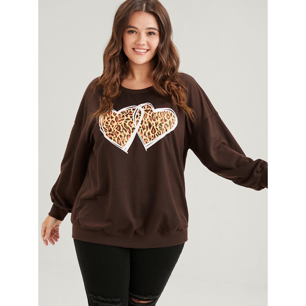 Plus Size Heart & Leopard Print Drop Shoulder Sweatshirt Women DarkBrown Casual Plain Round Neck Dailywear Sweatshirts BloomChic 18-20/2X Product Image