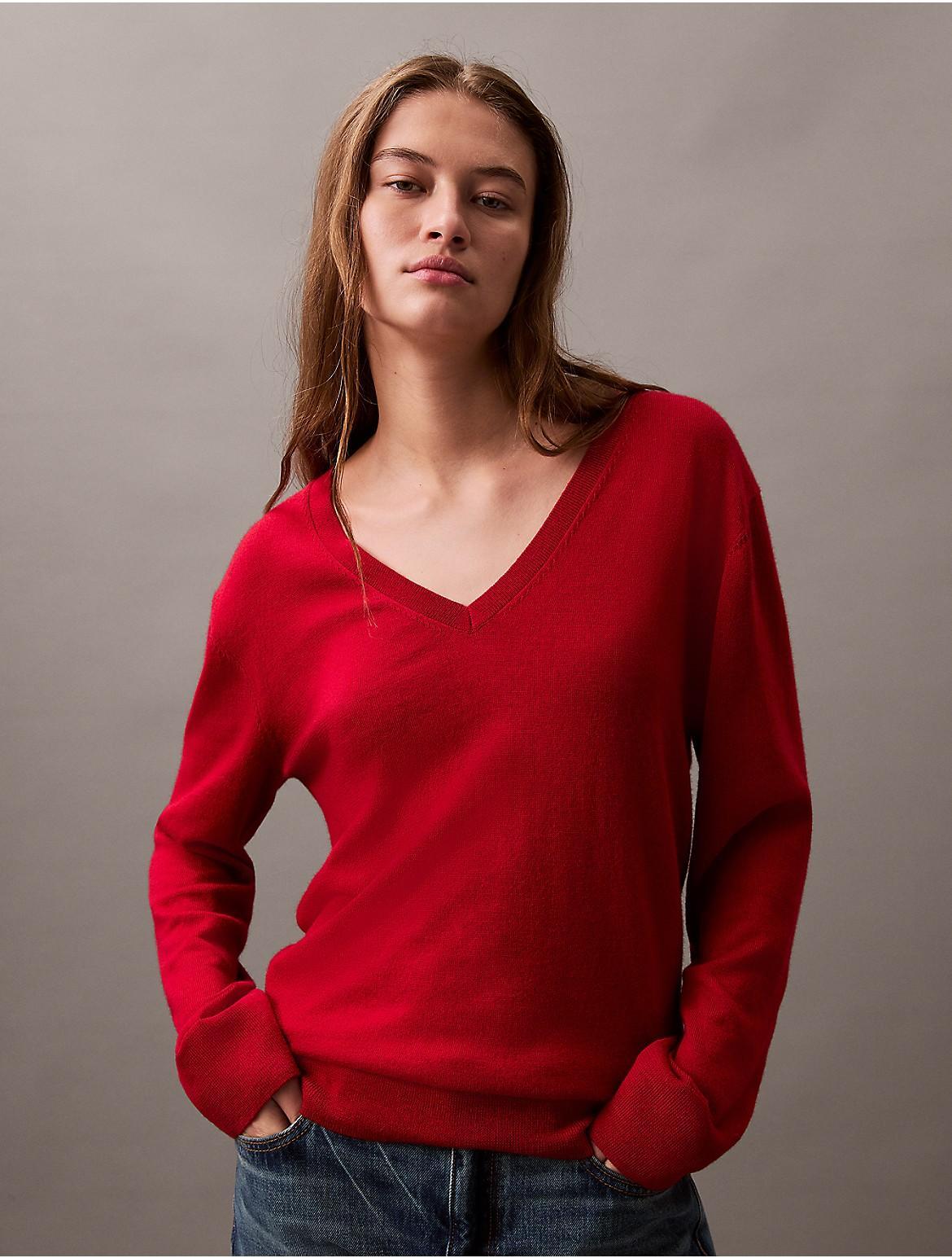 Calvin Klein Women's Extra Fine Merino Blend V-Neck Sweater - Red - M Product Image