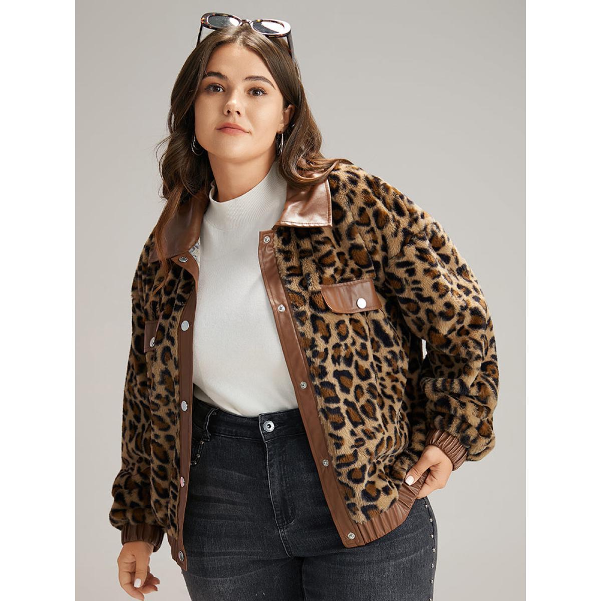 Plus Size Leopard Patchwork Button Through Jacket Women Leopard Elastic cuffs Dailywear Jackets BloomChic 12/L Product Image