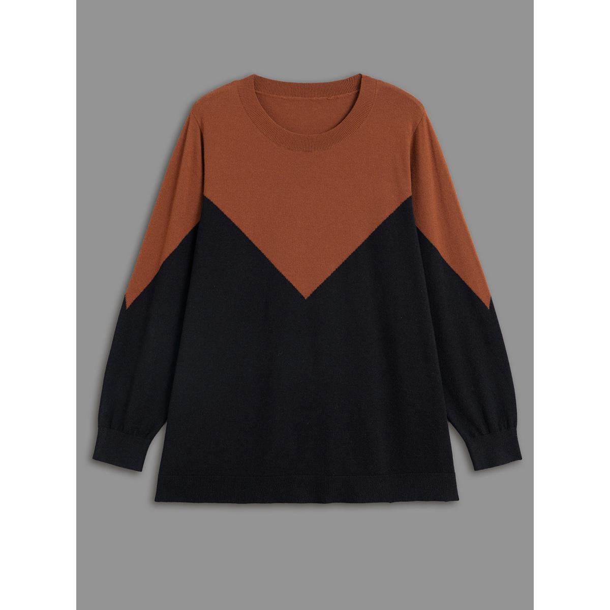 Plus Size Round Neck Contrast Patchwork Pullover Black Women Casual Loose Long Sleeve Round Neck Everyday Pullovers BloomChic 18-20/2X Product Image