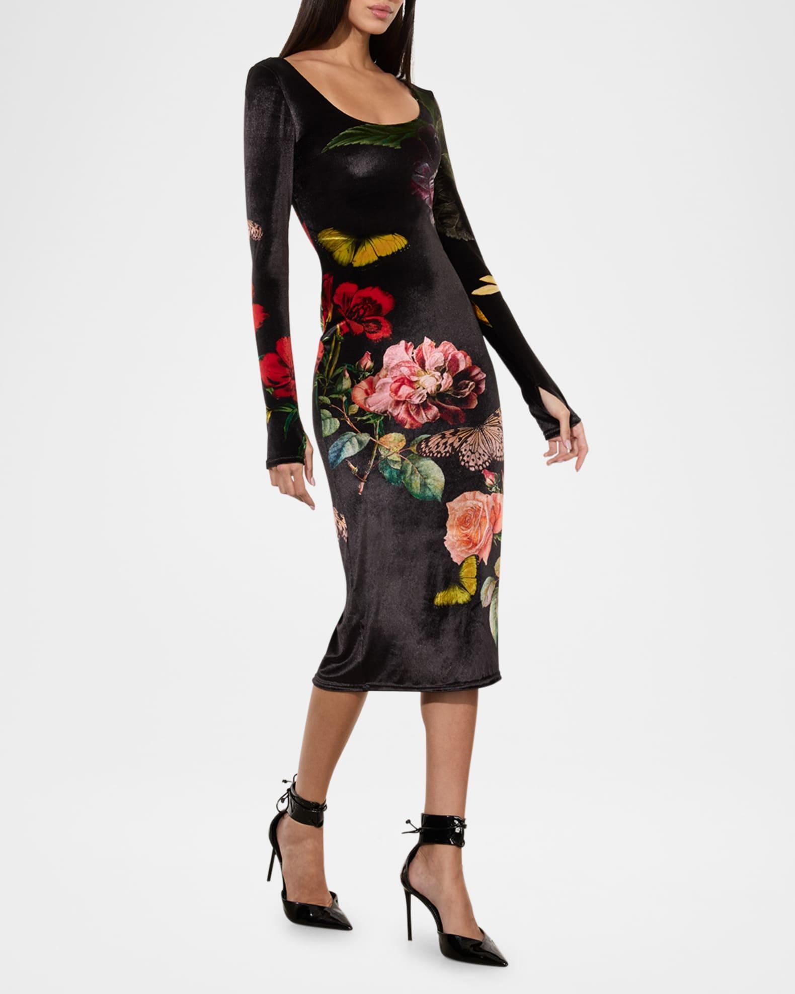 In The Wind Floral Delora Scoop-Neck Velvet Midi Dress Product Image