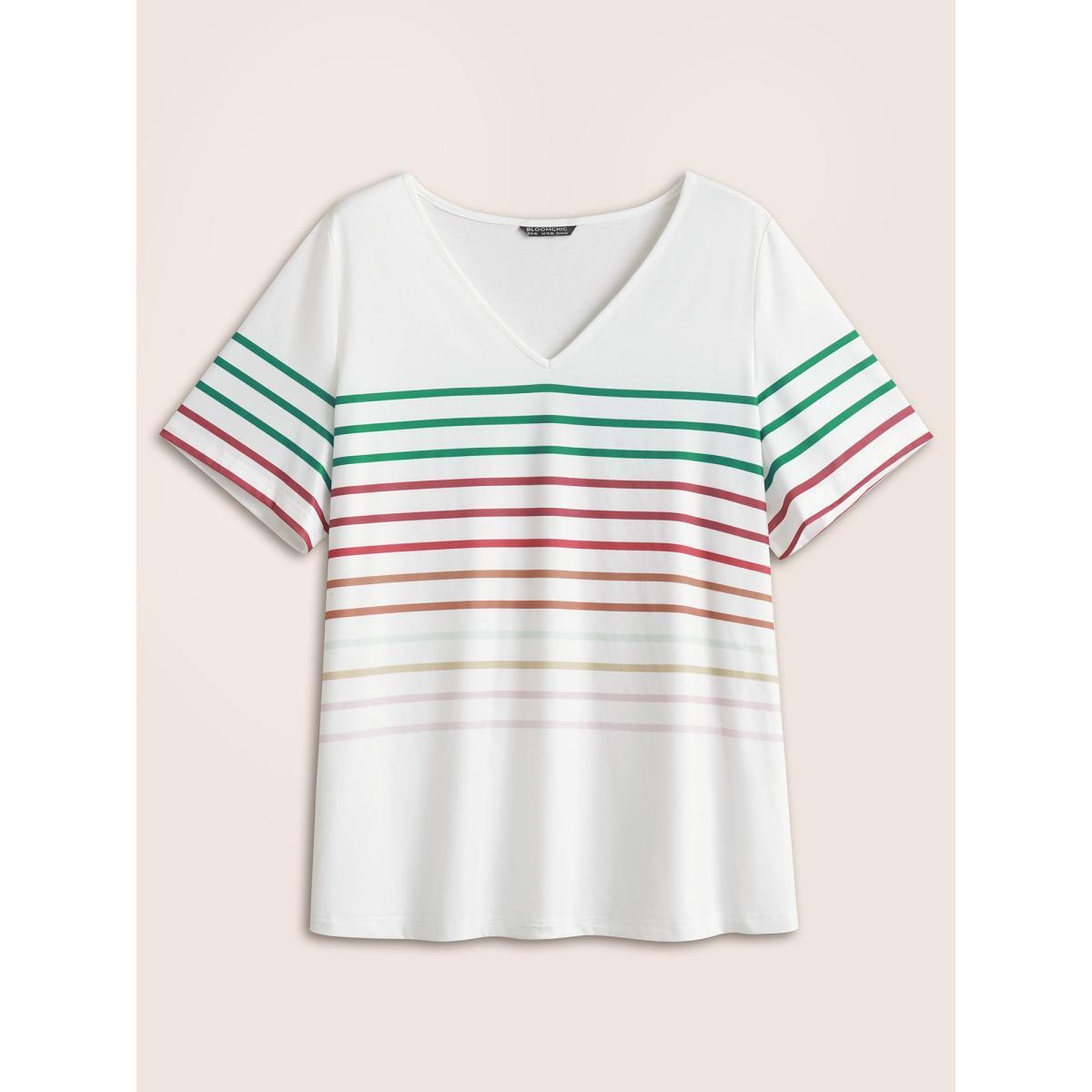 Plus Size Contrast Striped V Neck T-shirt White Women Casual Contrast Striped V-neck Everyday T-shirts BloomChic 28/5X Product Image