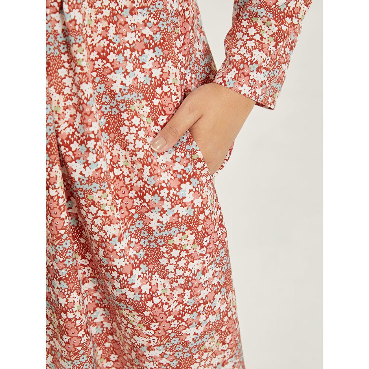 Plus Size Ditsy Floral Notched Pocket Button Detail Dress Russet Women Casual Printed Notched collar Long Sleeve Curvy Midi Dress BloomChic 30/6X Product Image