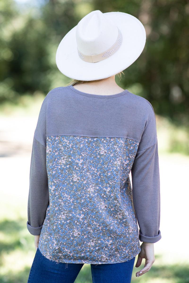 Mocha and Dusty Blue Floral Print Top Product Image