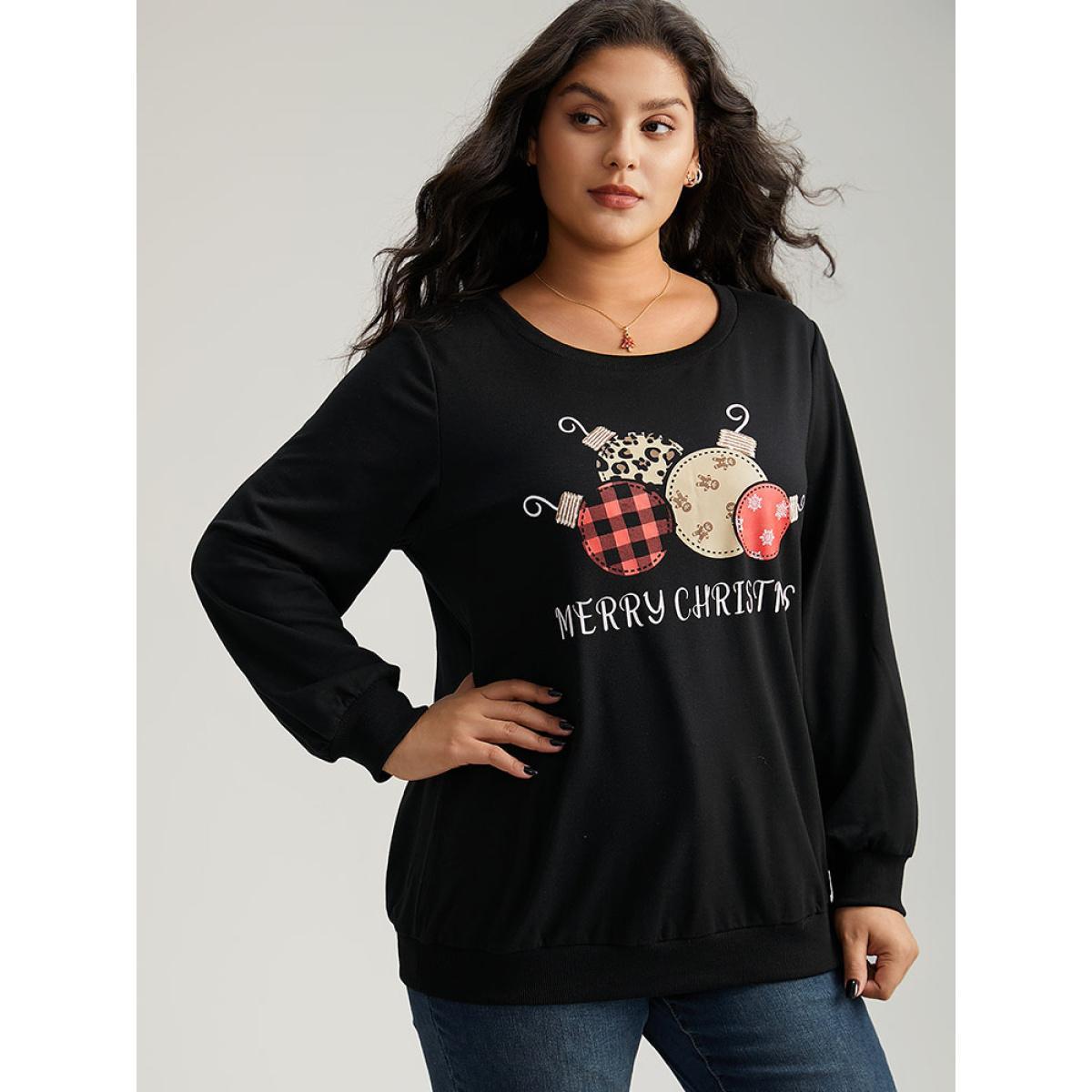 Plus Size Christmas Graphic Sequin Elastic Cuffs Sweatshirt Women Black Elegant Sequin Festival-Christmas Sweatshirts BloomChic 22-24/3X Product Image