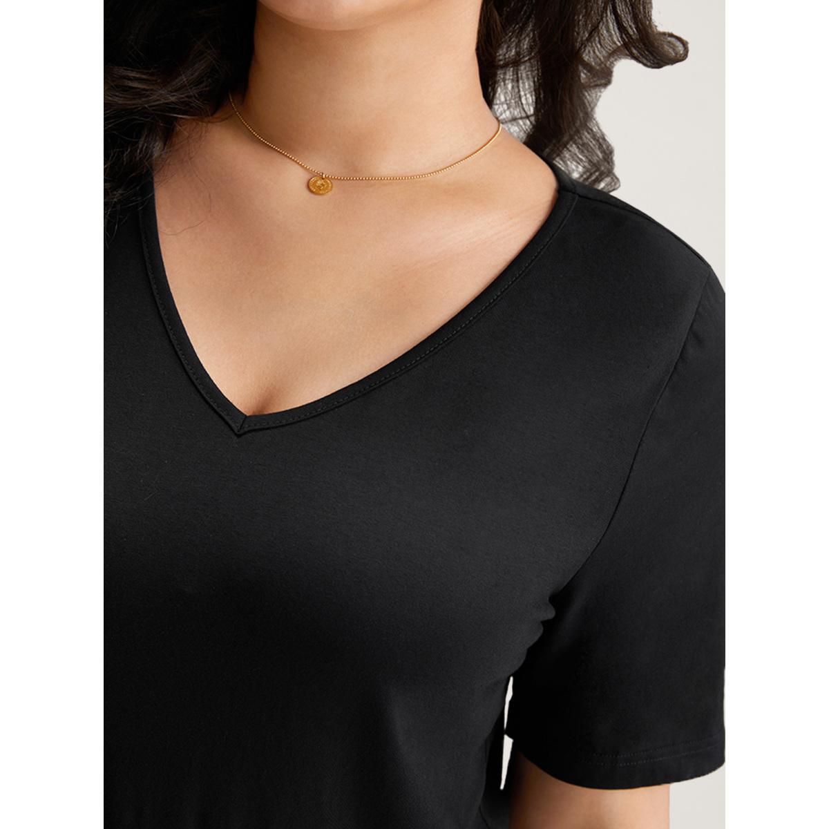 Plus Size Cotton V Neck Plain Basic T-shirt Black Women Basics Non Plain V-neck Everyday T-shirts BloomChic 12/L Product Image